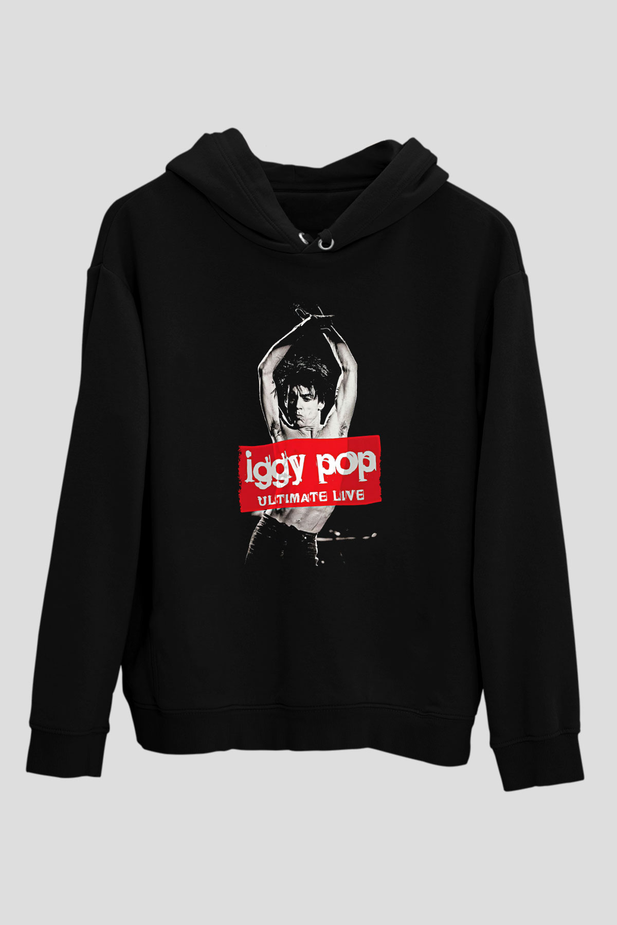 Iggy Pop Baskılı Unisex Siyah Kapüşonlu Sweatshirt