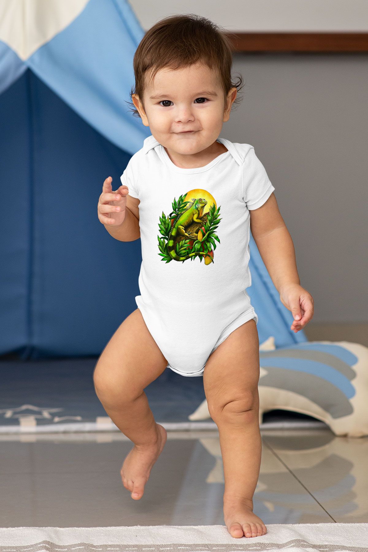 İguana Baskılı Beyaz Unisex Bebek Body - Zıbın