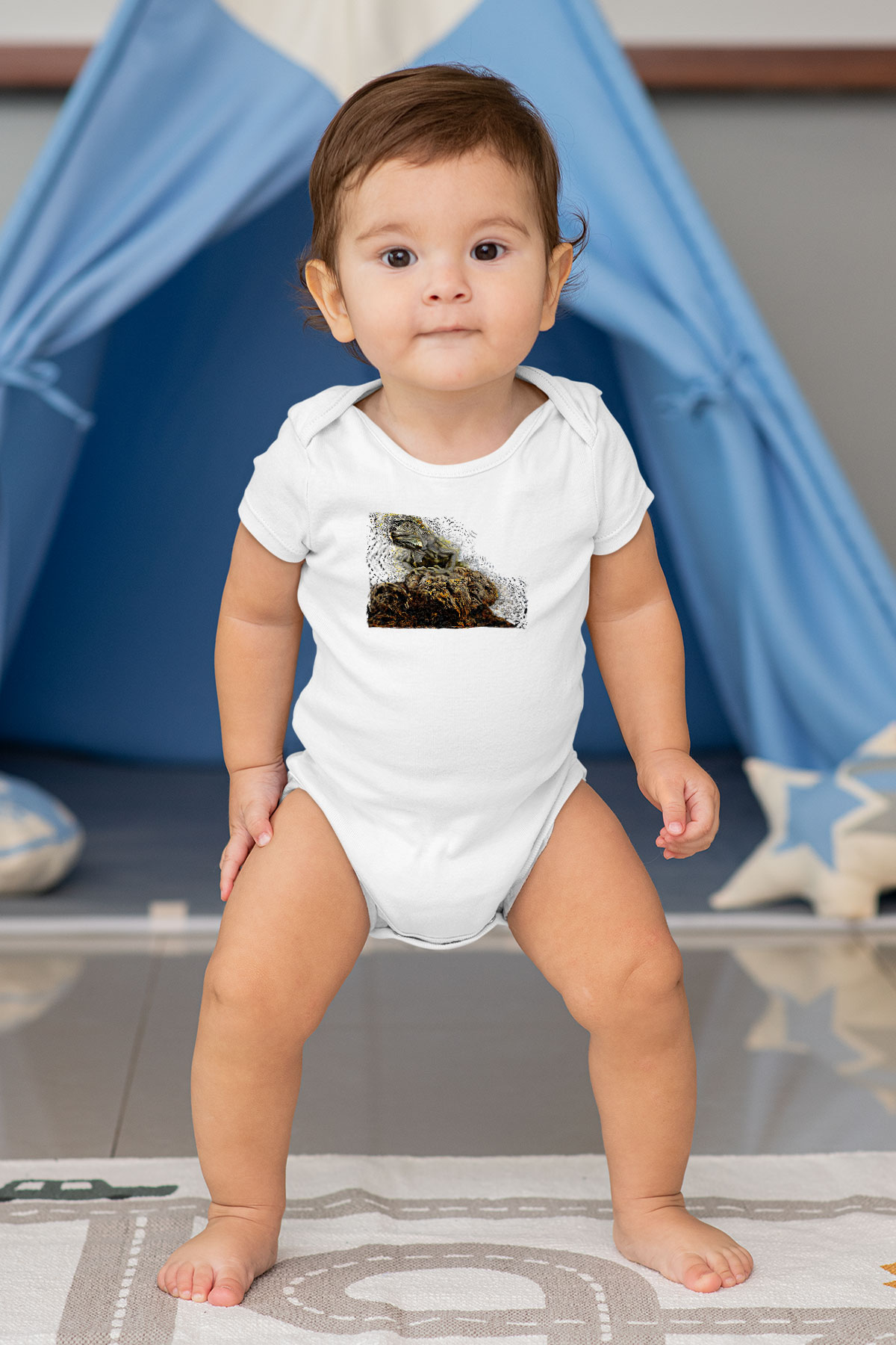 İguana Baskılı Beyaz Unisex Bebek Body - Zıbın