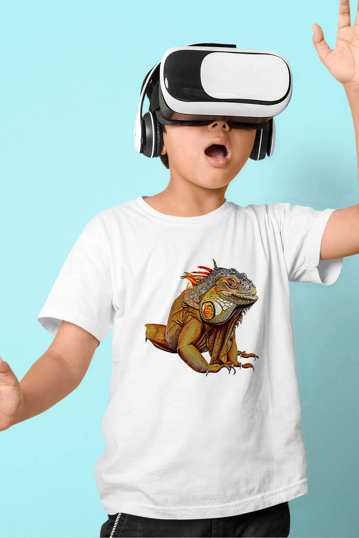İguana Baskılı Beyaz Unisex Beyaz Çocuk Tişört - Tshirt