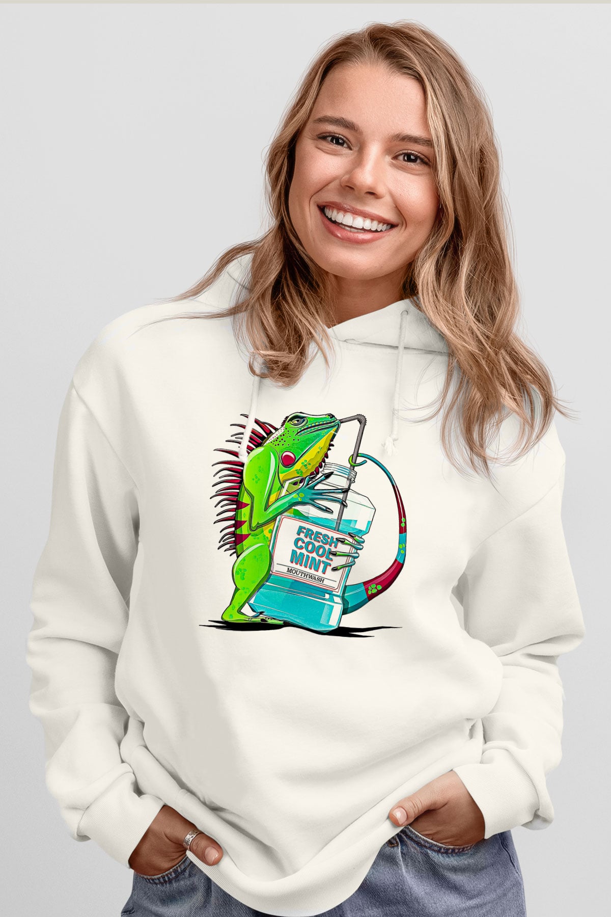 İguana Baskılı Beyaz Unisex Hoodie