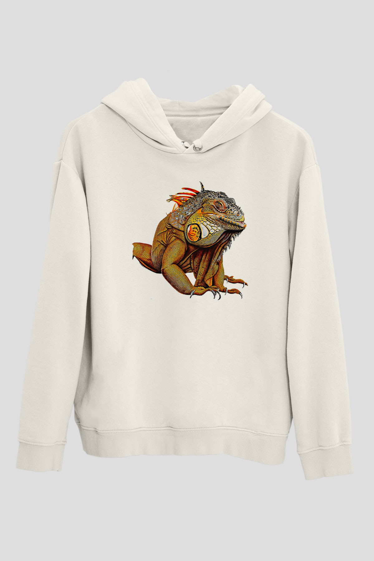 İguana Baskılı Beyaz Unisex Hoodie
