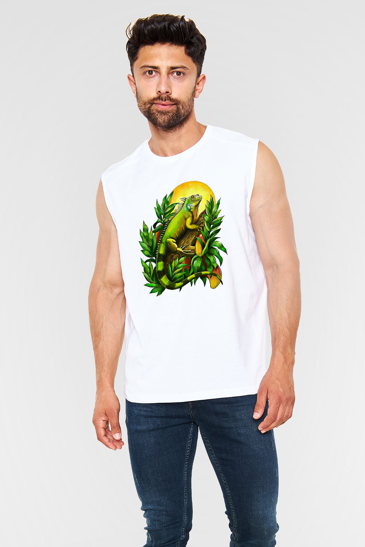 İguana Baskılı Beyaz Unisex Kolsuz Tişört - Tshirt