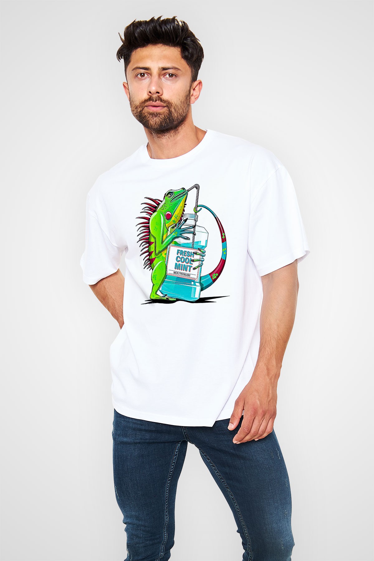 İguana Baskılı Beyaz Unisex Oversize Tişört - Tshirt
