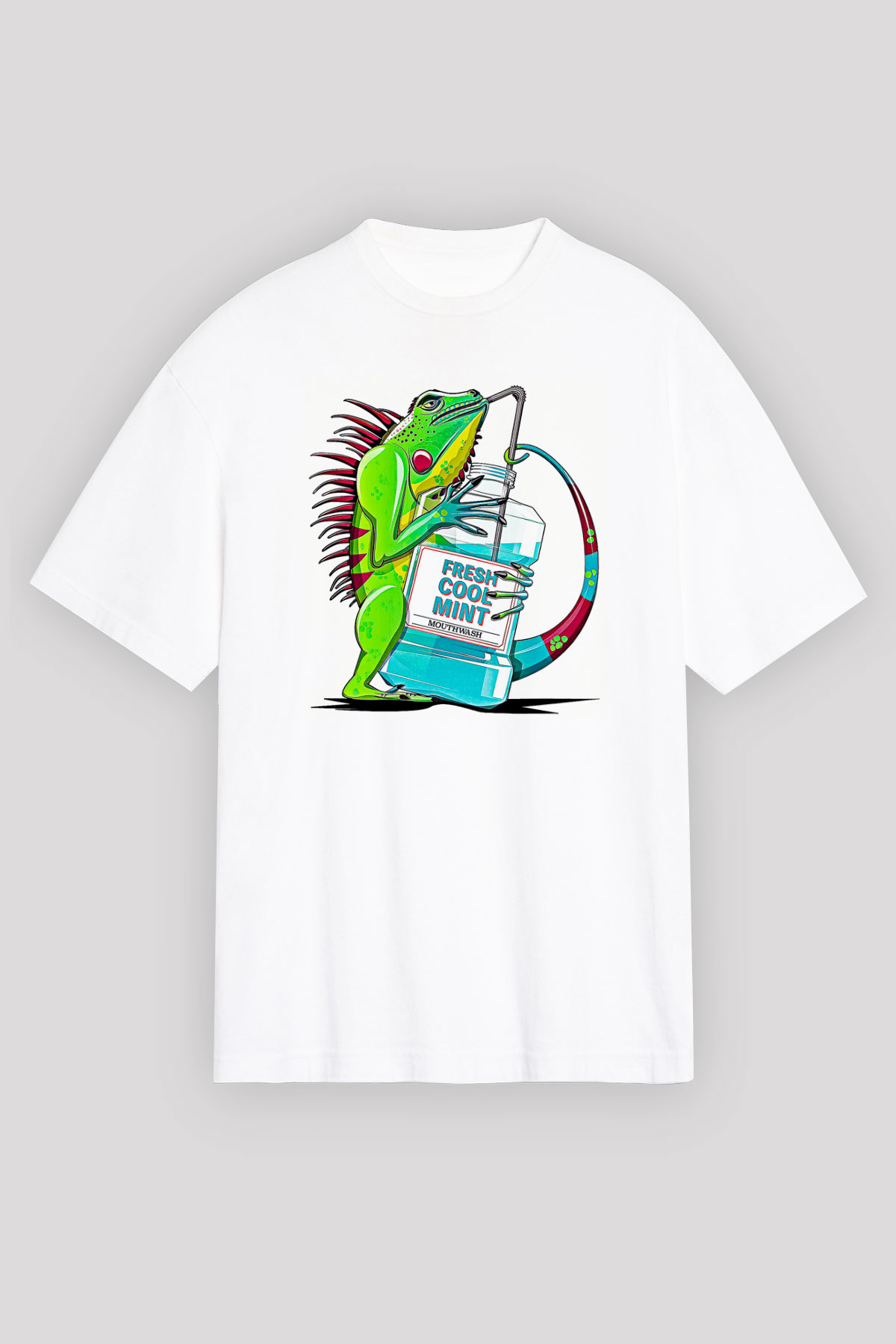 İguana Baskılı Beyaz Unisex Oversize Tişört - Tshirt