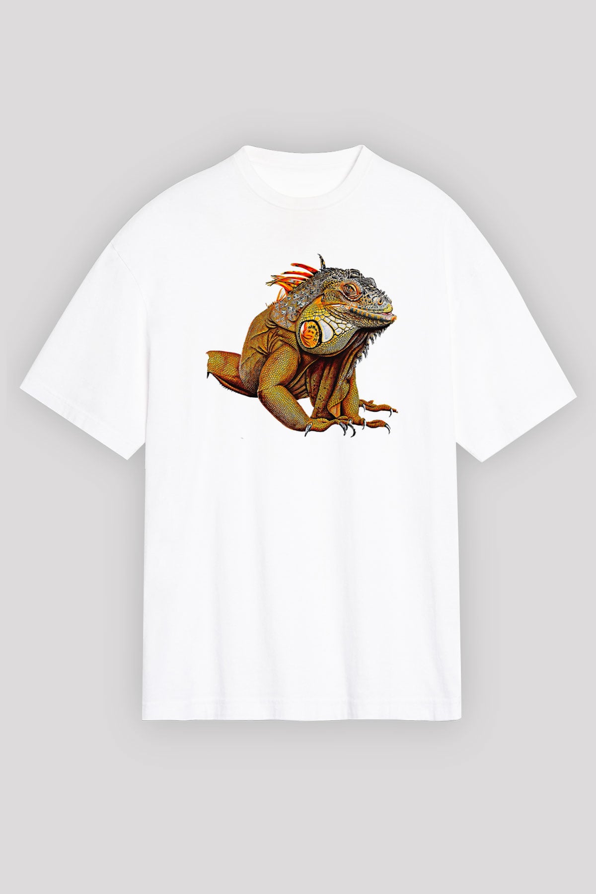 İguana Baskılı Beyaz Unisex Oversize Tişört - Tshirt