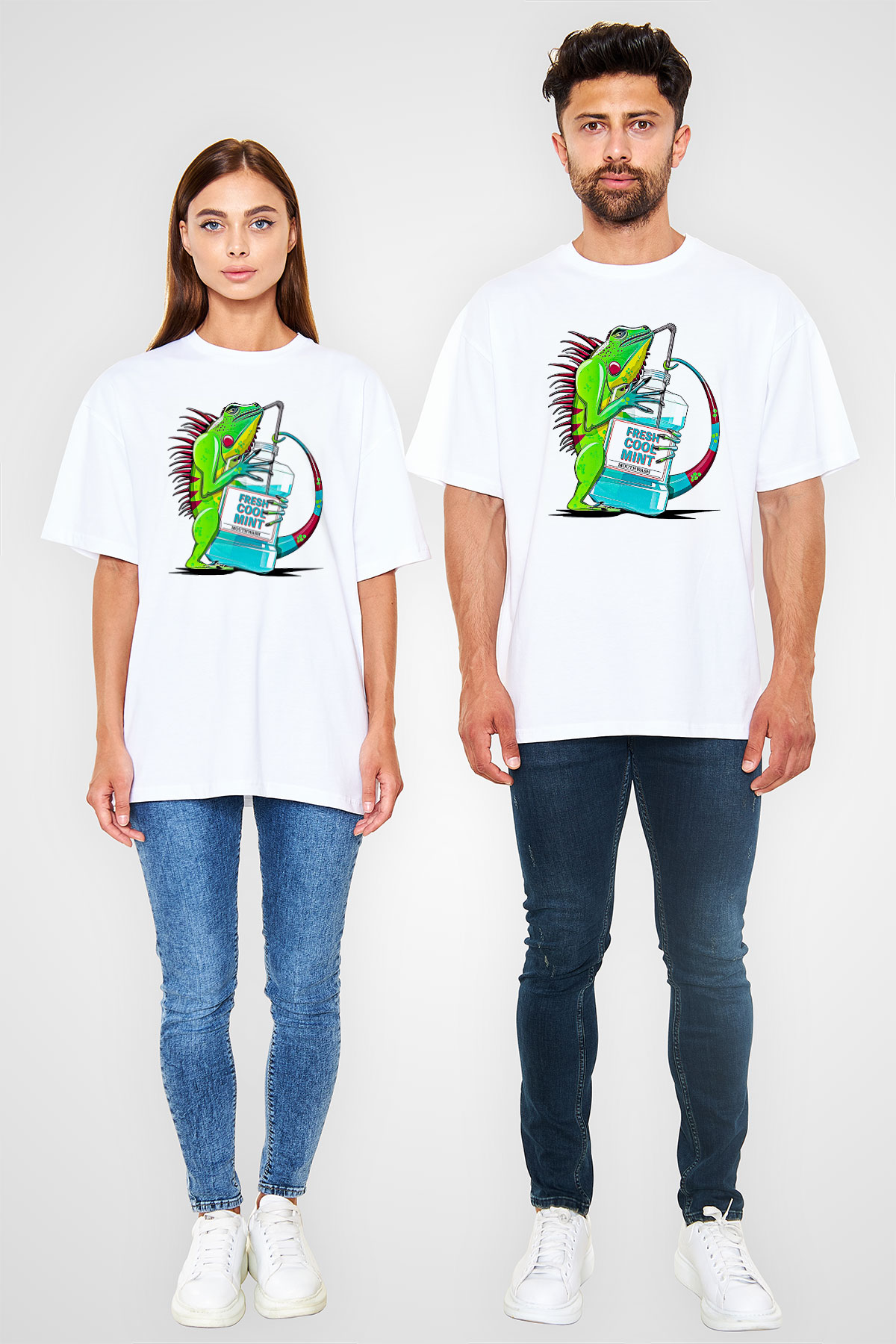 İguana Baskılı Beyaz Unisex Oversize Tişört - Tshirt