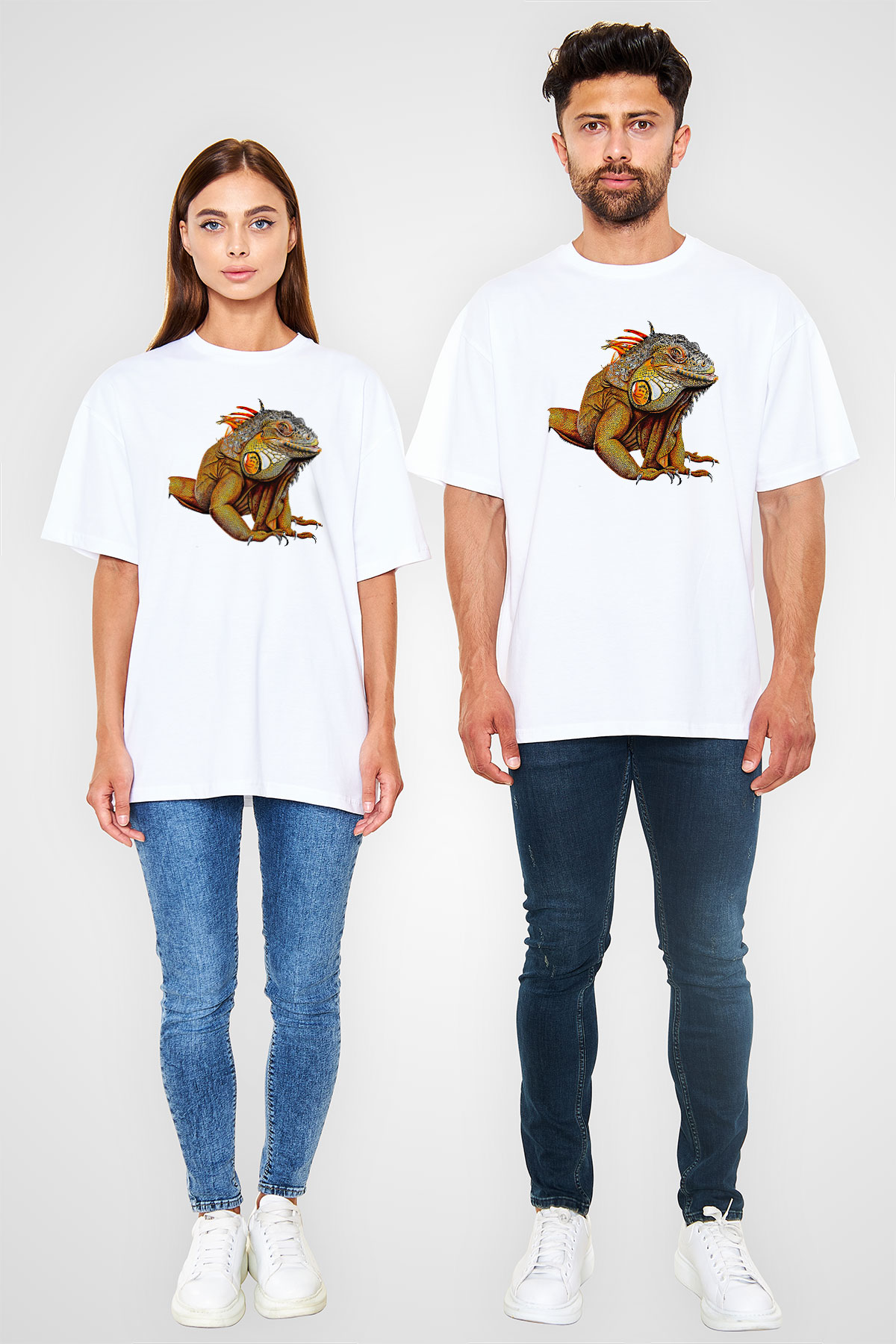 İguana Baskılı Beyaz Unisex Oversize Tişört - Tshirt
