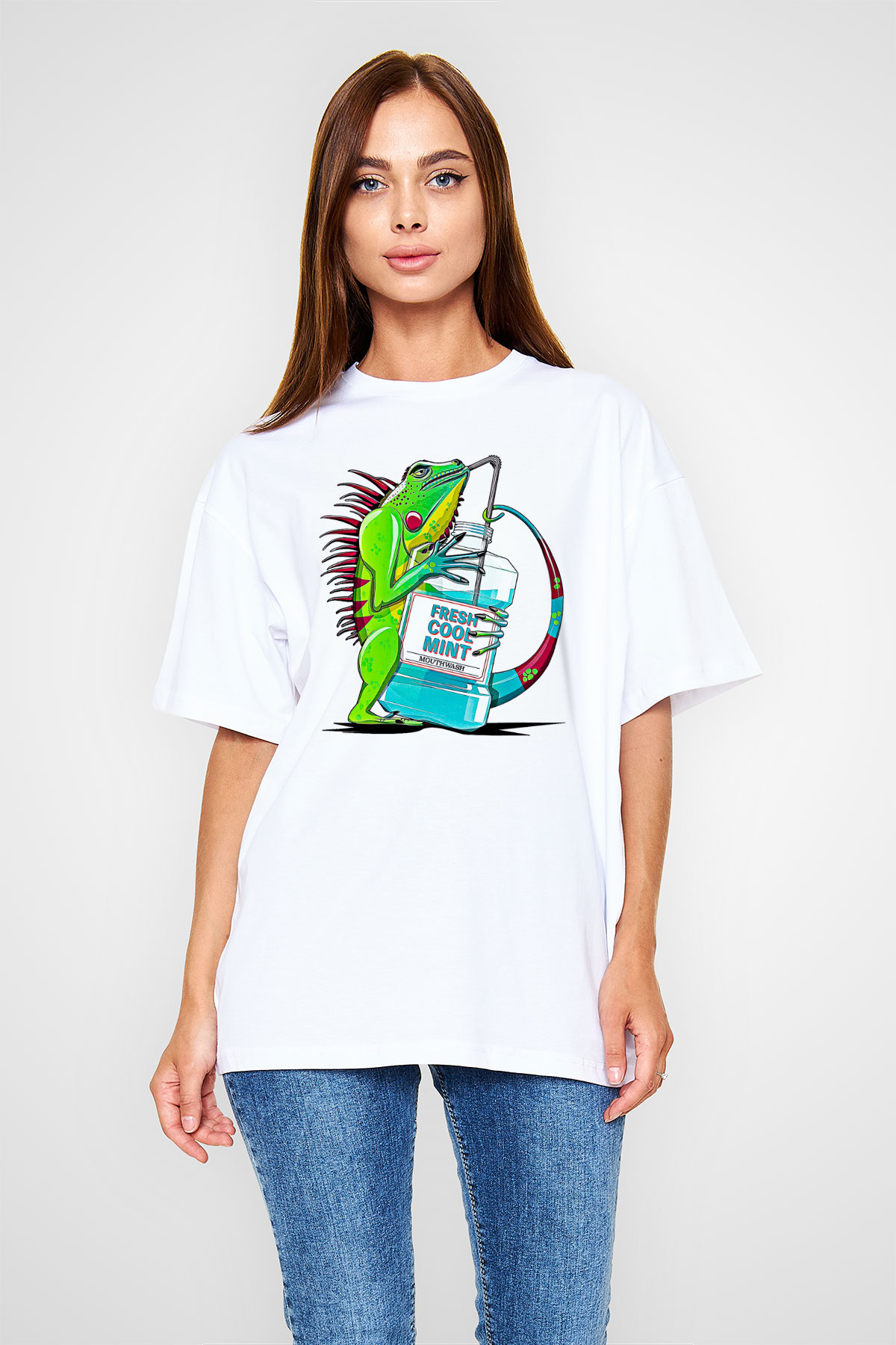 İguana Baskılı Beyaz Unisex Oversize Tişört - Tshirt
