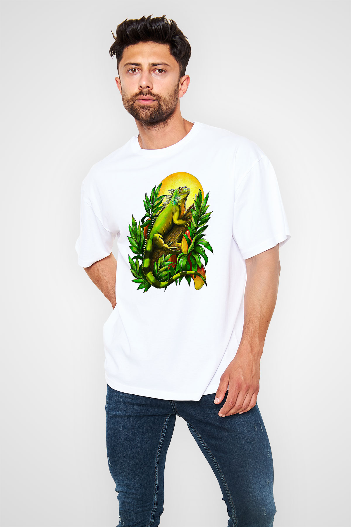 İguana Baskılı Beyaz Unisex Oversize Tişört - Tshirt