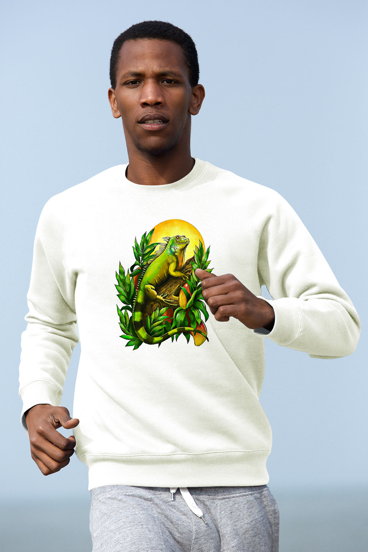 İguana Baskılı Beyaz Unisex Sweatshirt