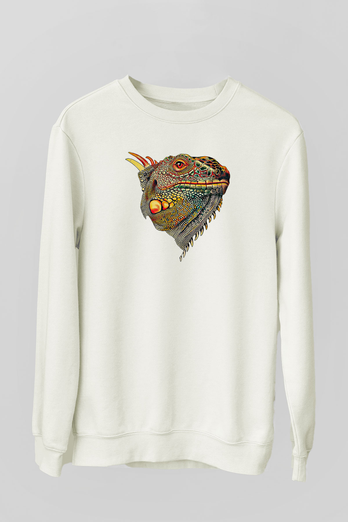 İguana Baskılı Beyaz Unisex Sweatshirt