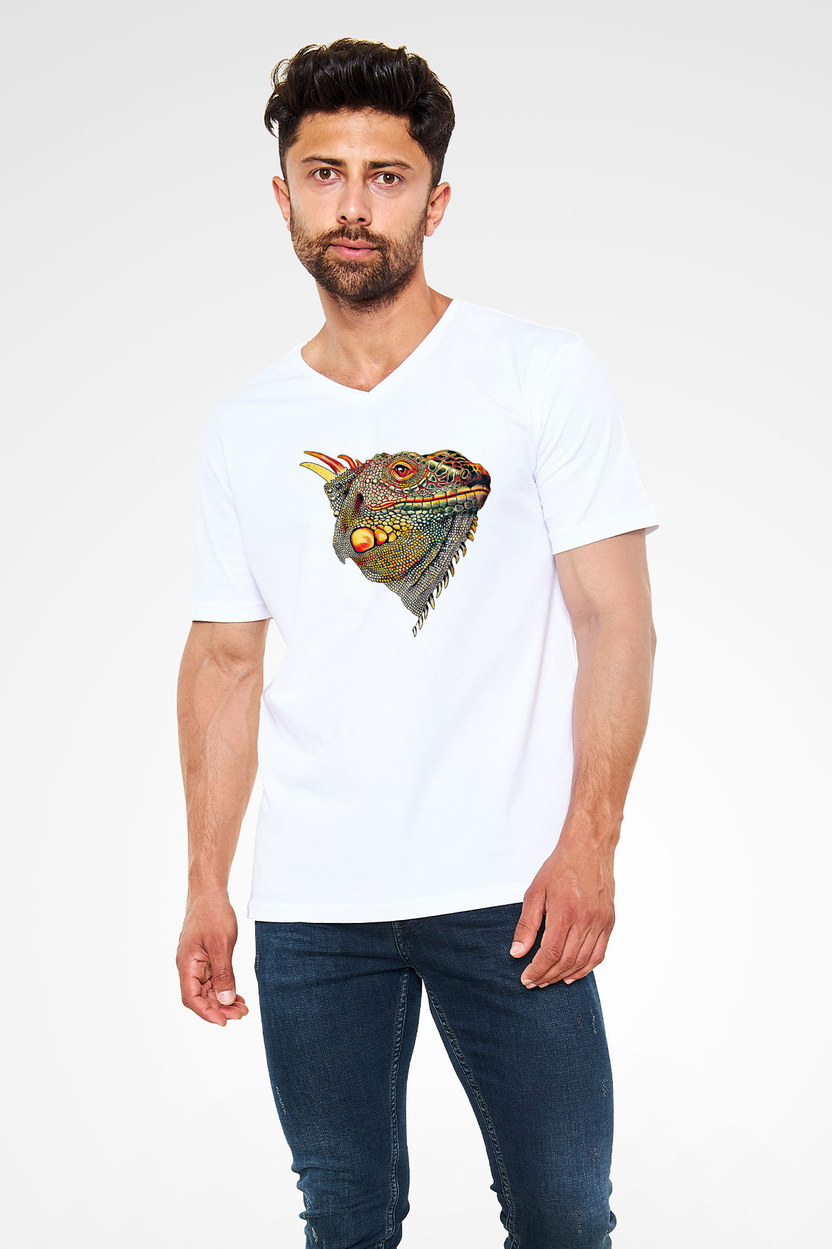 İguana Baskılı Beyaz Unisex V Yaka Tişört - Tshirt