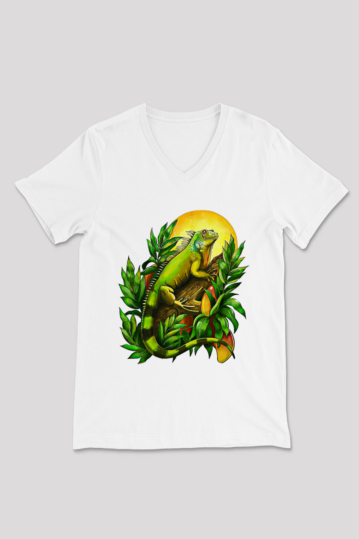 İguana Baskılı Beyaz Unisex V Yaka Tişört - Tshirt