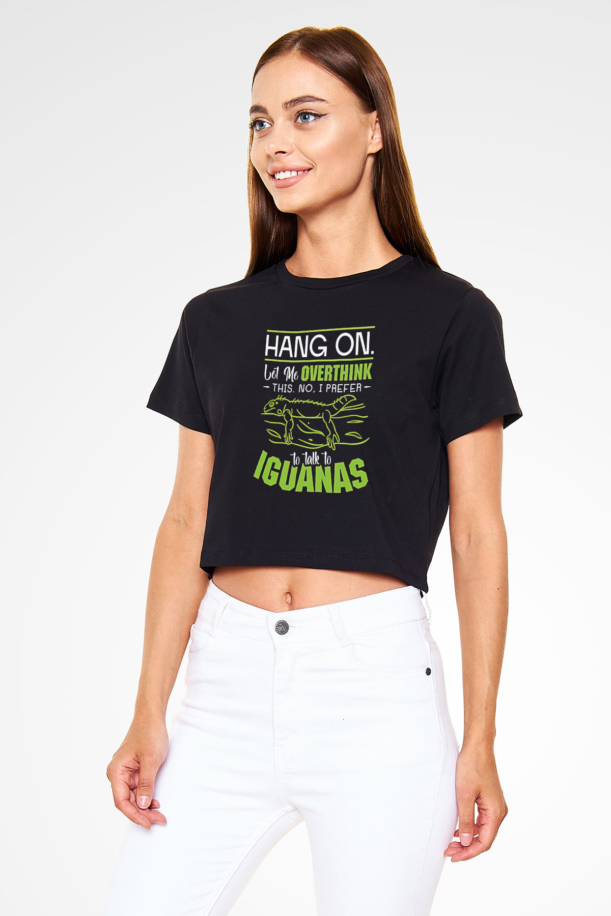 İguana Baskılı Siyah Crop Top Kadın Tişört - Tshirt