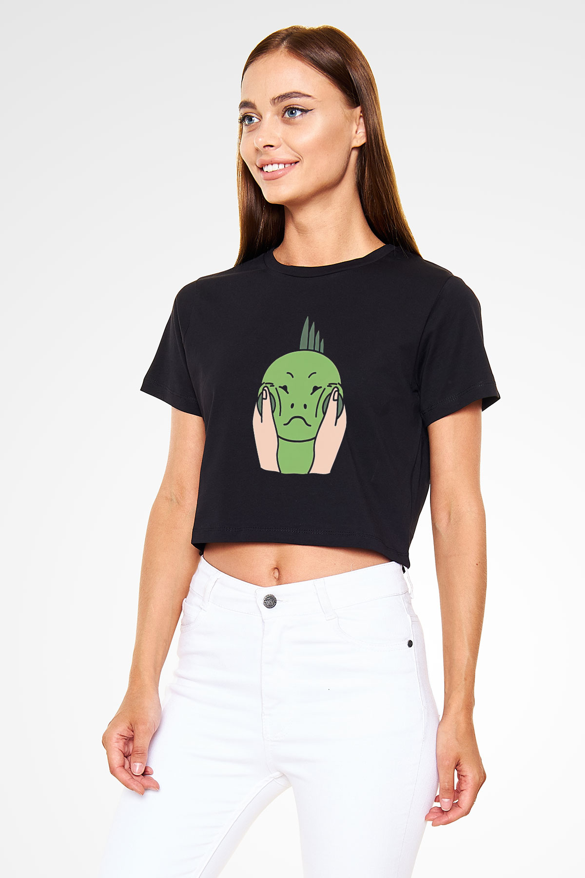 İguana Baskılı Siyah Crop Top Kadın Tişört - Tshirt