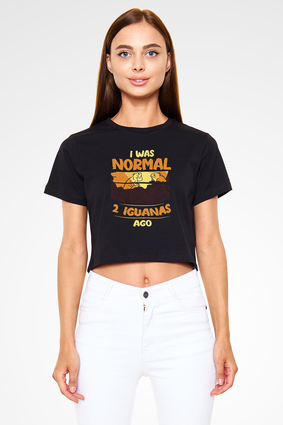 İguana Baskılı Siyah Crop Top Kadın Tişört - Tshirt