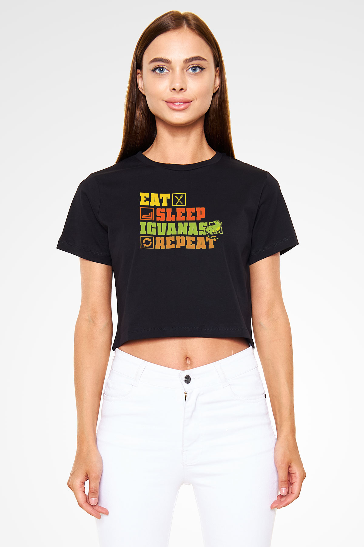 İguana Baskılı Siyah Crop Top Kadın Tişört - Tshirt