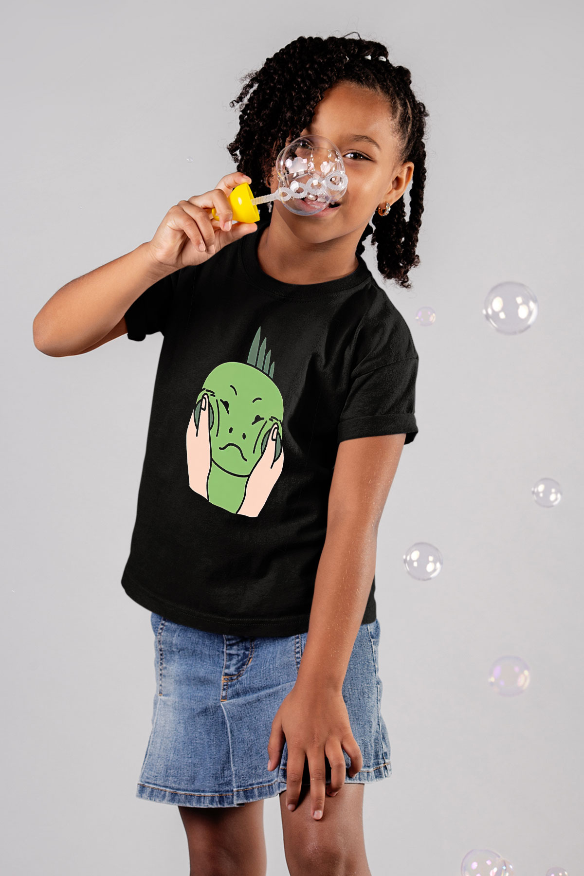 İguana Baskılı Unisex Siyah Çocuk Tişört - Tshirt