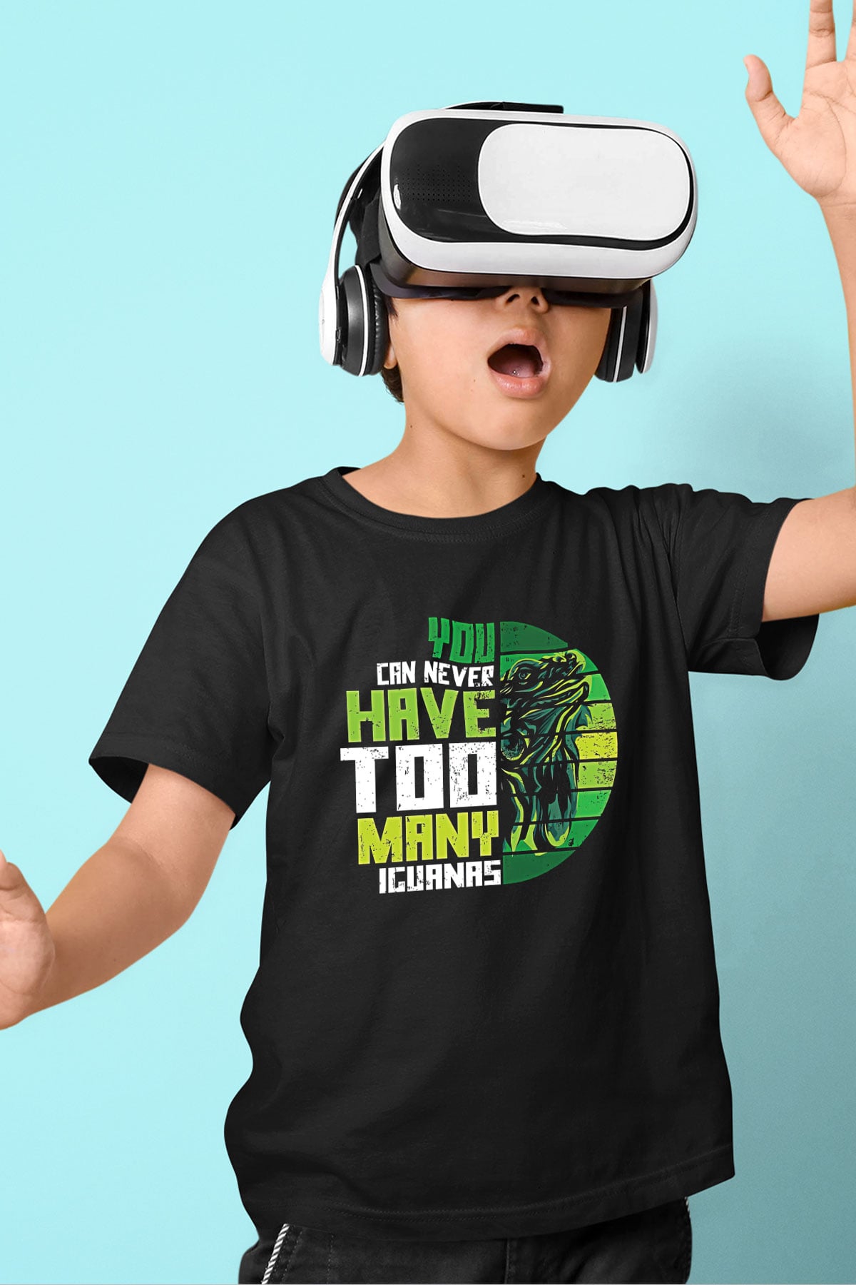 İguana Baskılı Unisex Siyah Çocuk Tişört - Tshirt