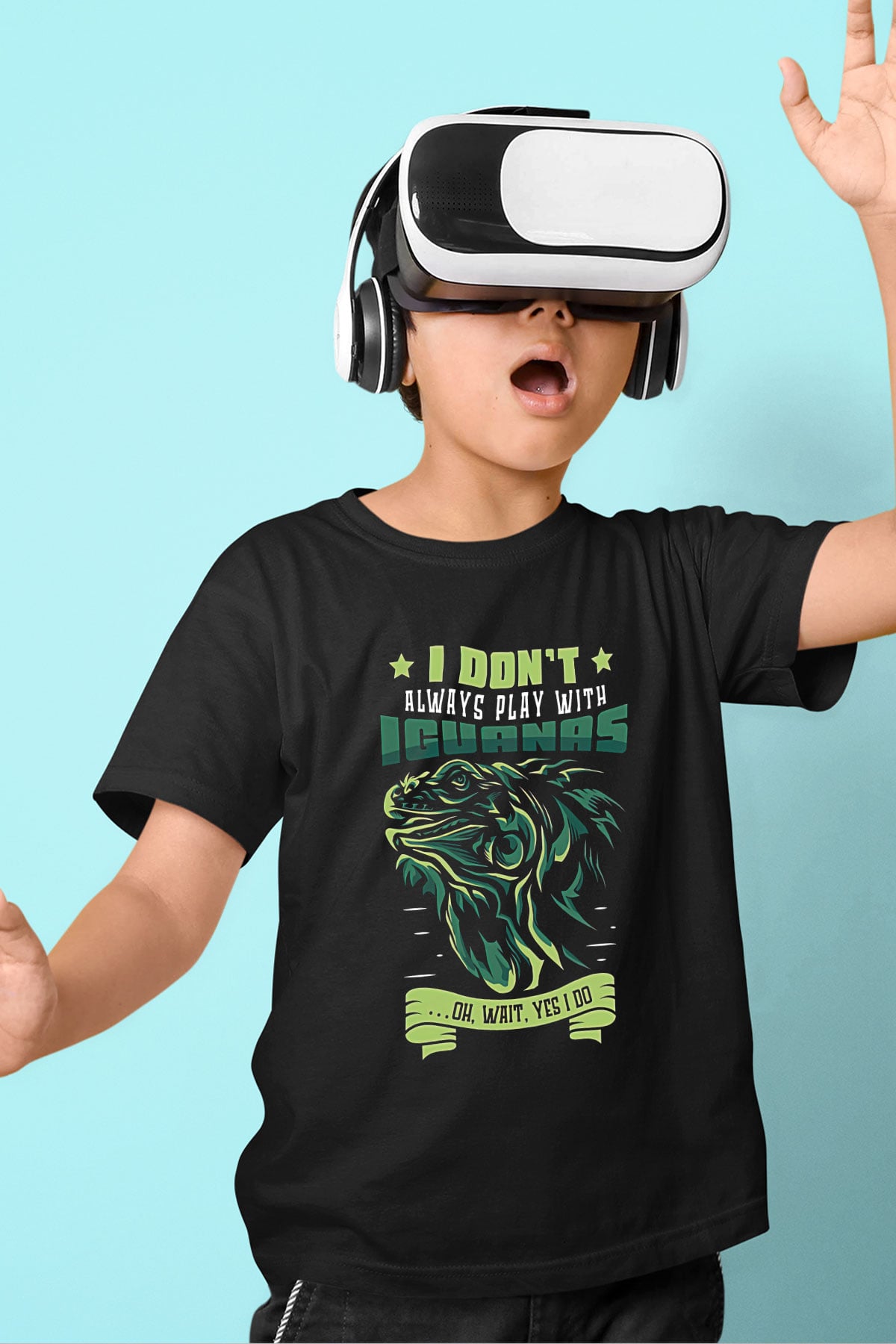 İguana Baskılı Unisex Siyah Çocuk Tişört - Tshirt
