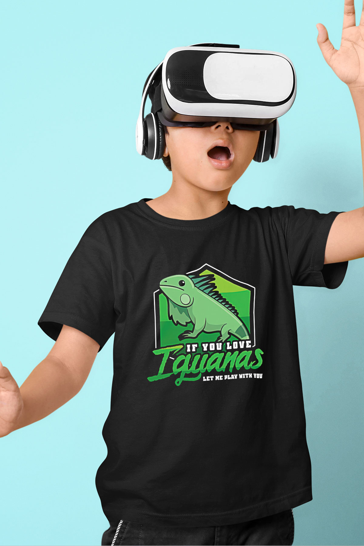 İguana Baskılı Unisex Siyah Çocuk Tişört - Tshirt