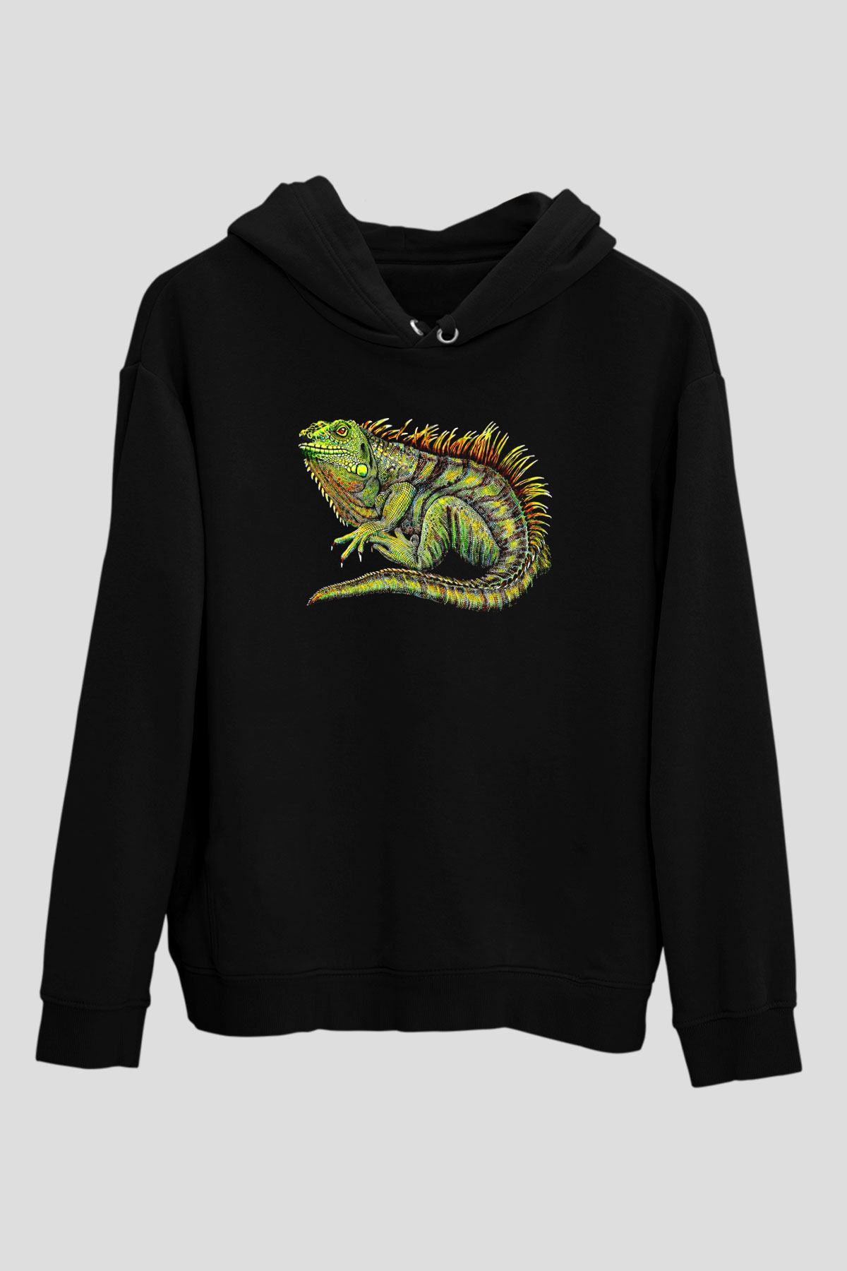 İguana Baskılı Unisex Siyah Hoodie