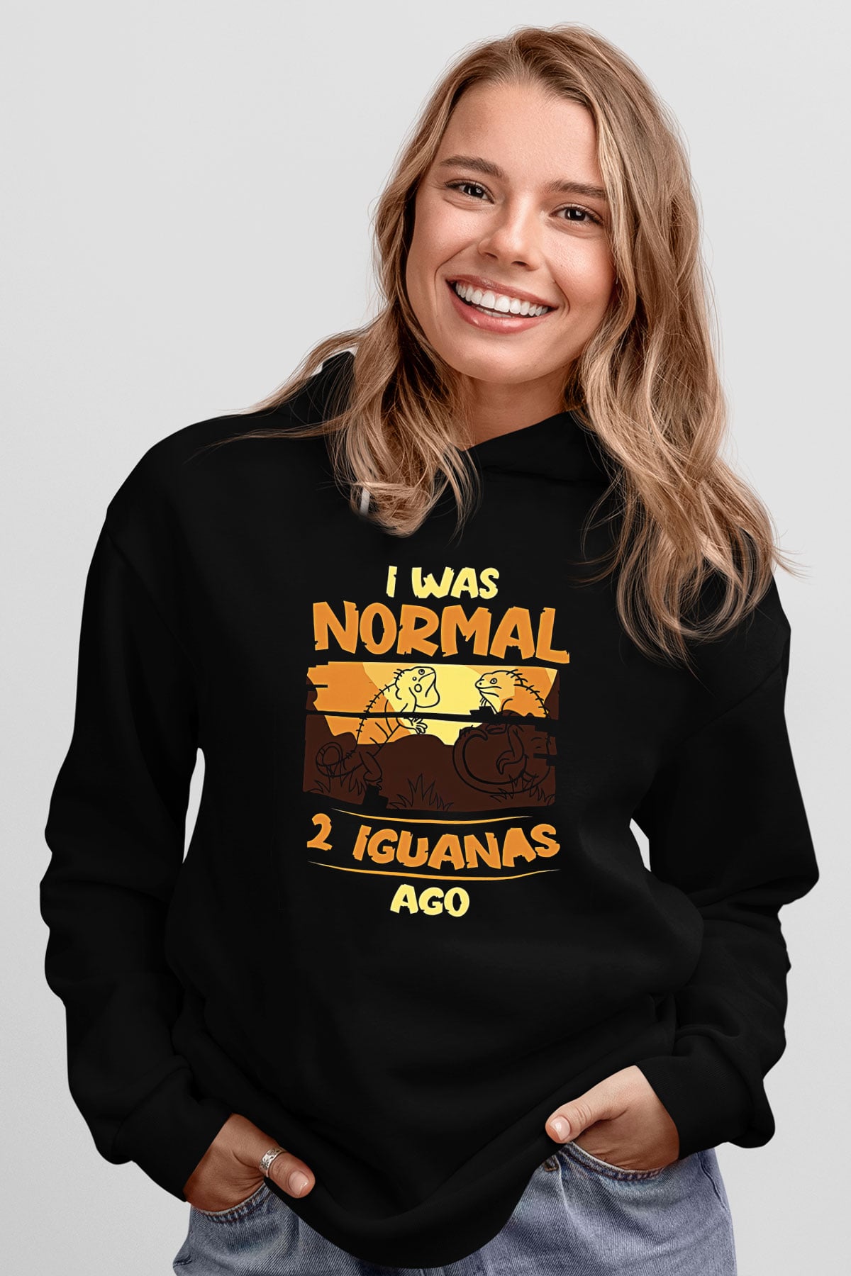 İguana Baskılı Unisex Siyah Hoodie