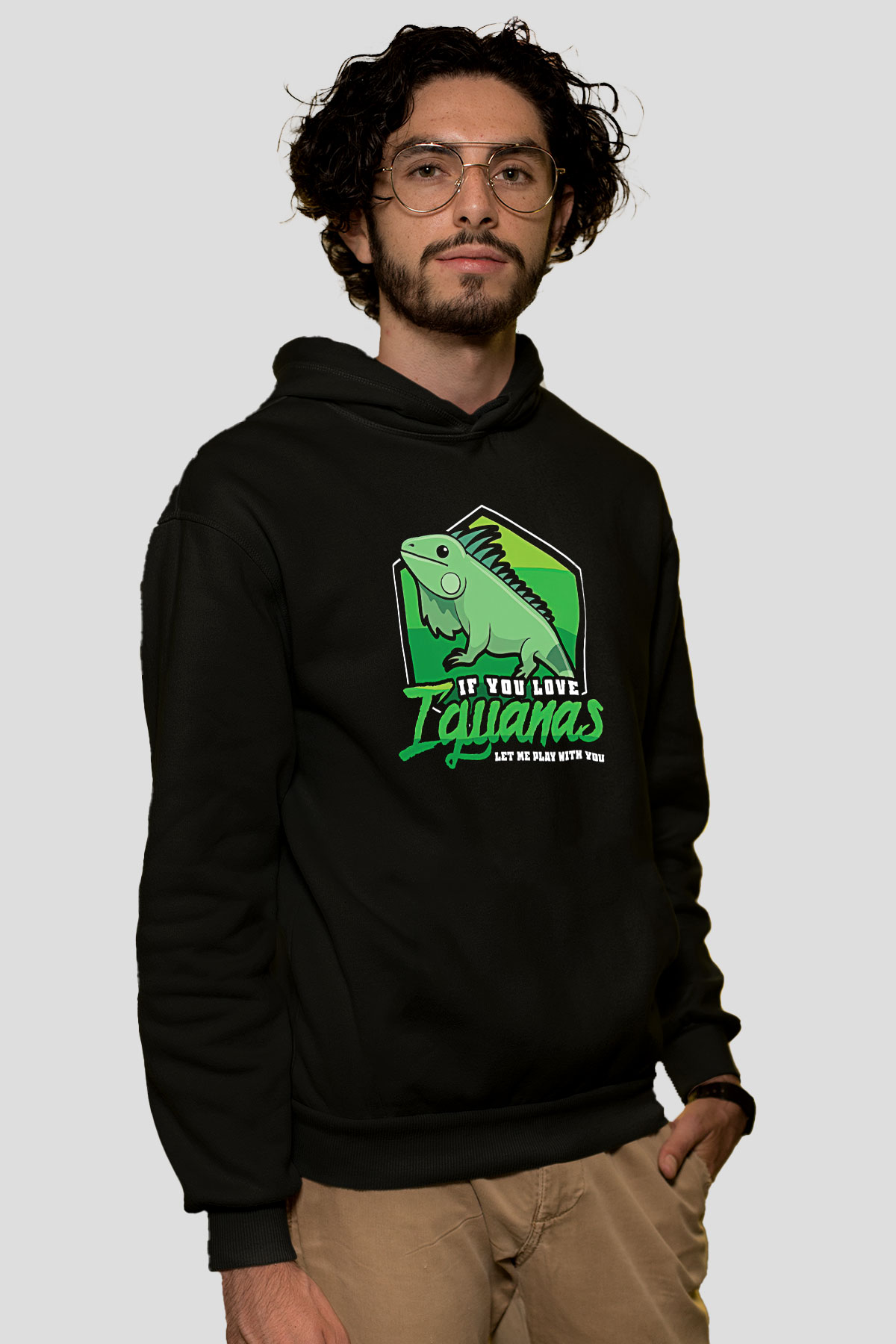 İguana Baskılı Unisex Siyah Hoodie