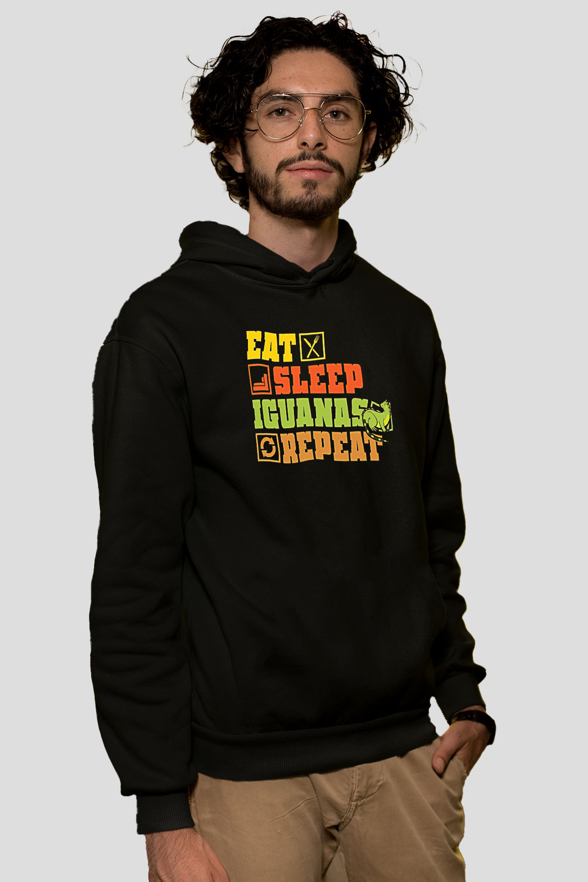 İguana Baskılı Unisex Siyah Hoodie