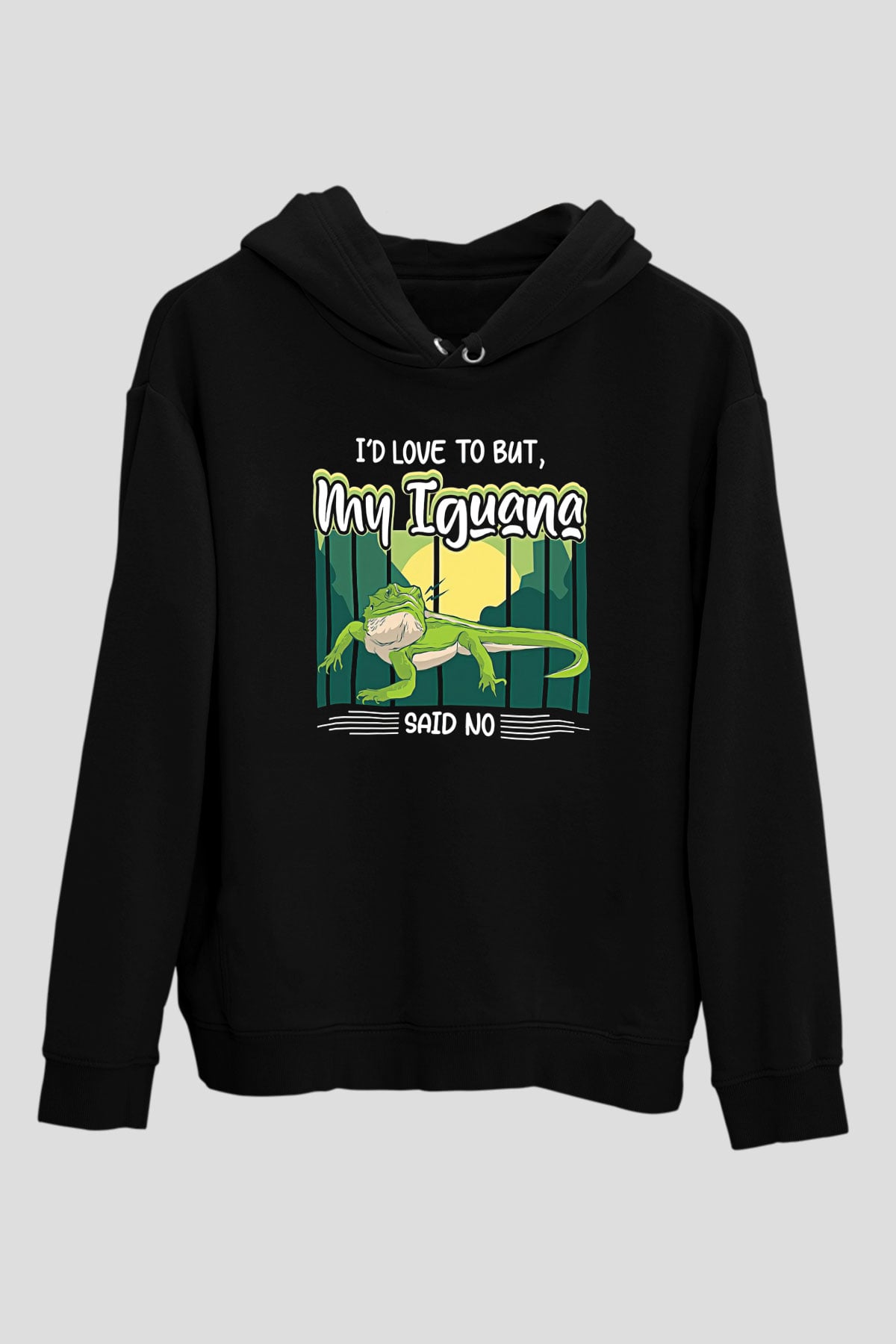 İguana Baskılı Unisex Siyah Hoodie