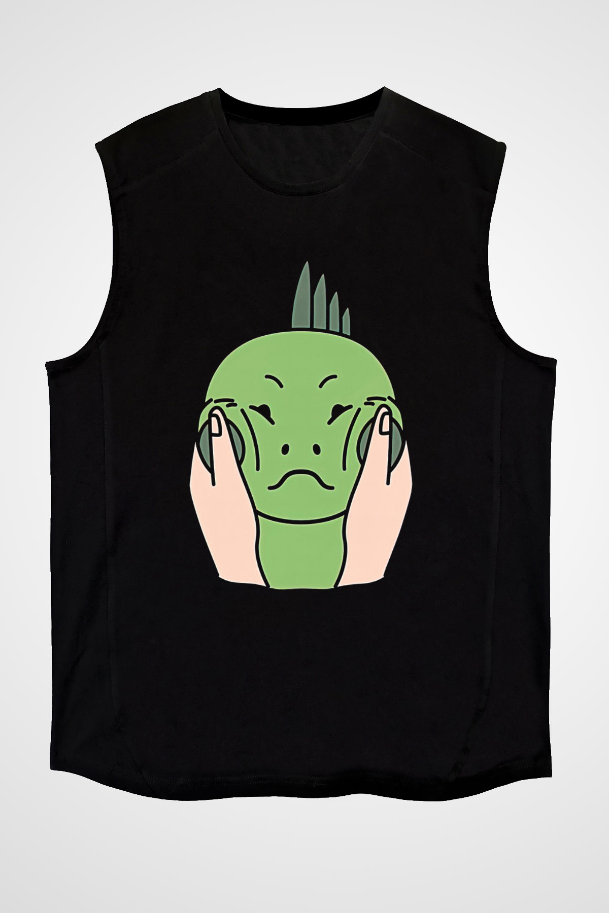 İguana Baskılı Unisex Siyah Kolsuz Tişört - Tshirt