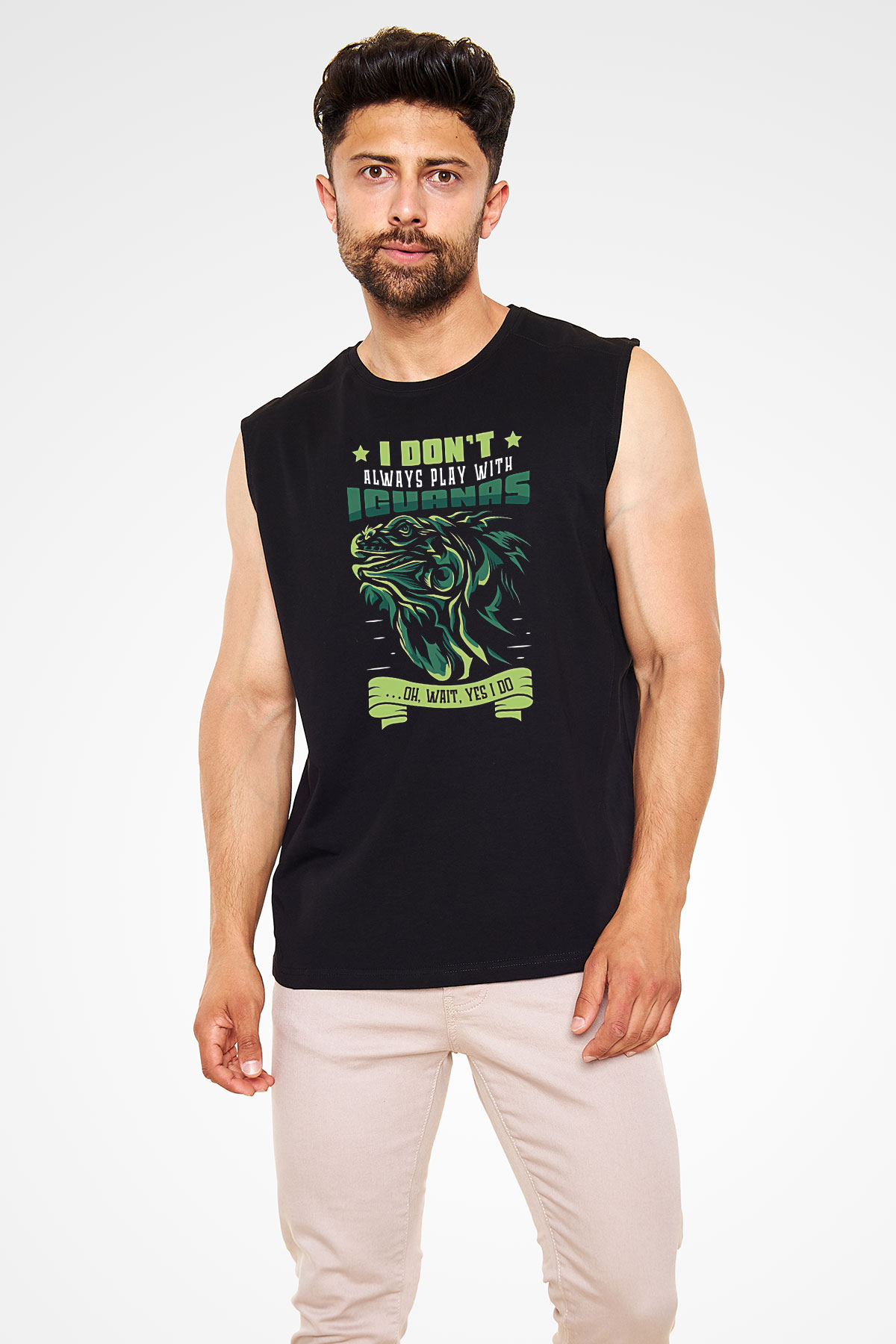 İguana Baskılı Unisex Siyah Kolsuz Tişört - Tshirt
