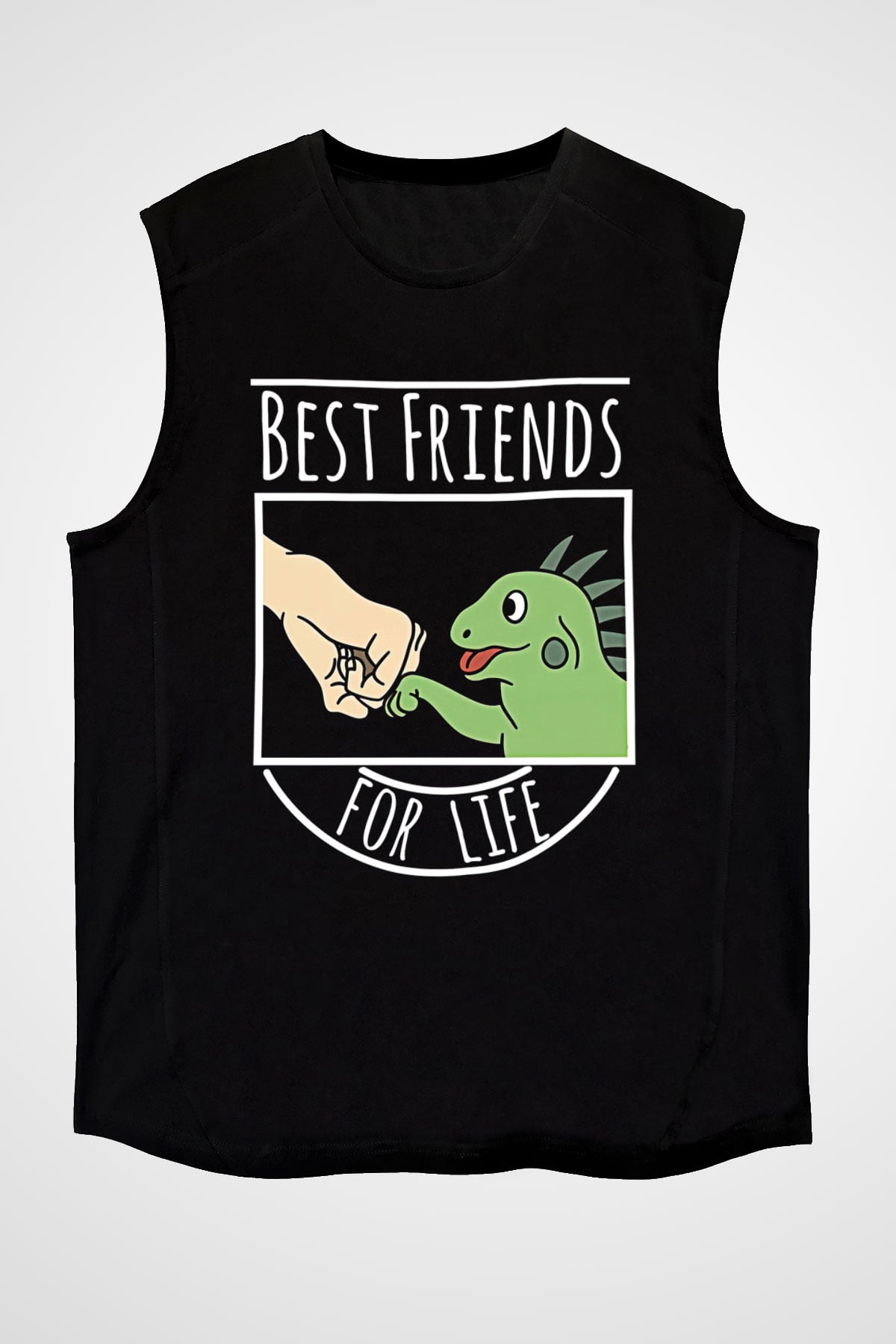 İguana Baskılı Unisex Siyah Kolsuz Tişört - Tshirt