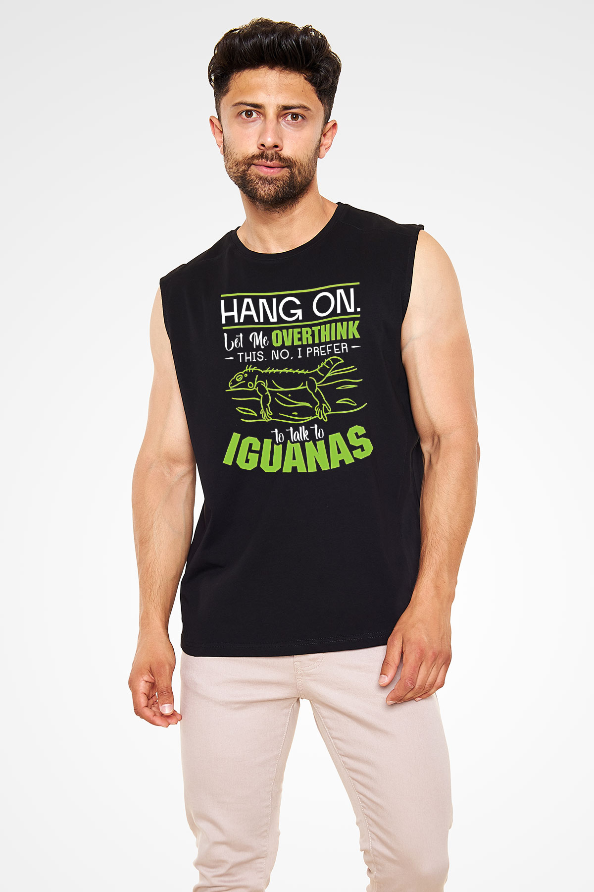 İguana Baskılı Unisex Siyah Kolsuz Tişört - Tshirt
