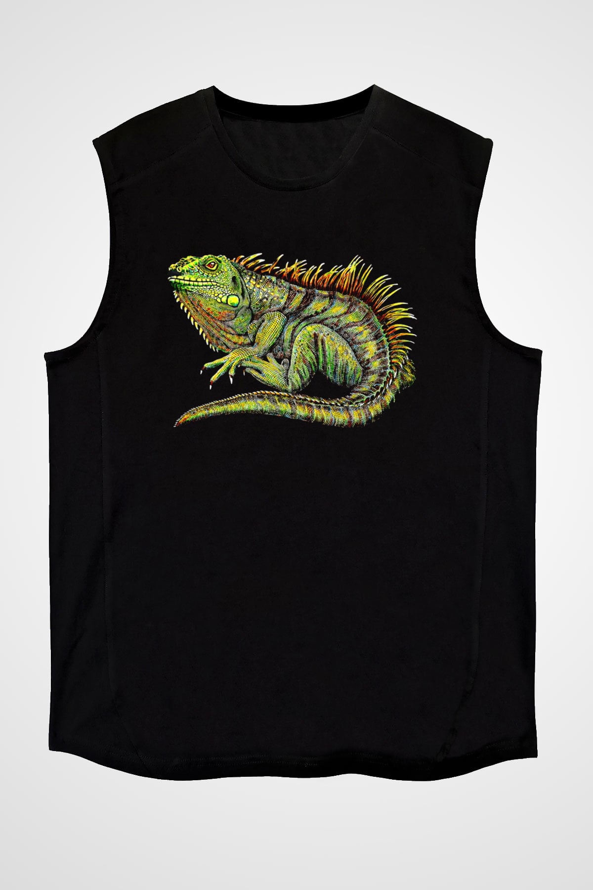 İguana Baskılı Unisex Siyah Kolsuz Tişört - Tshirt