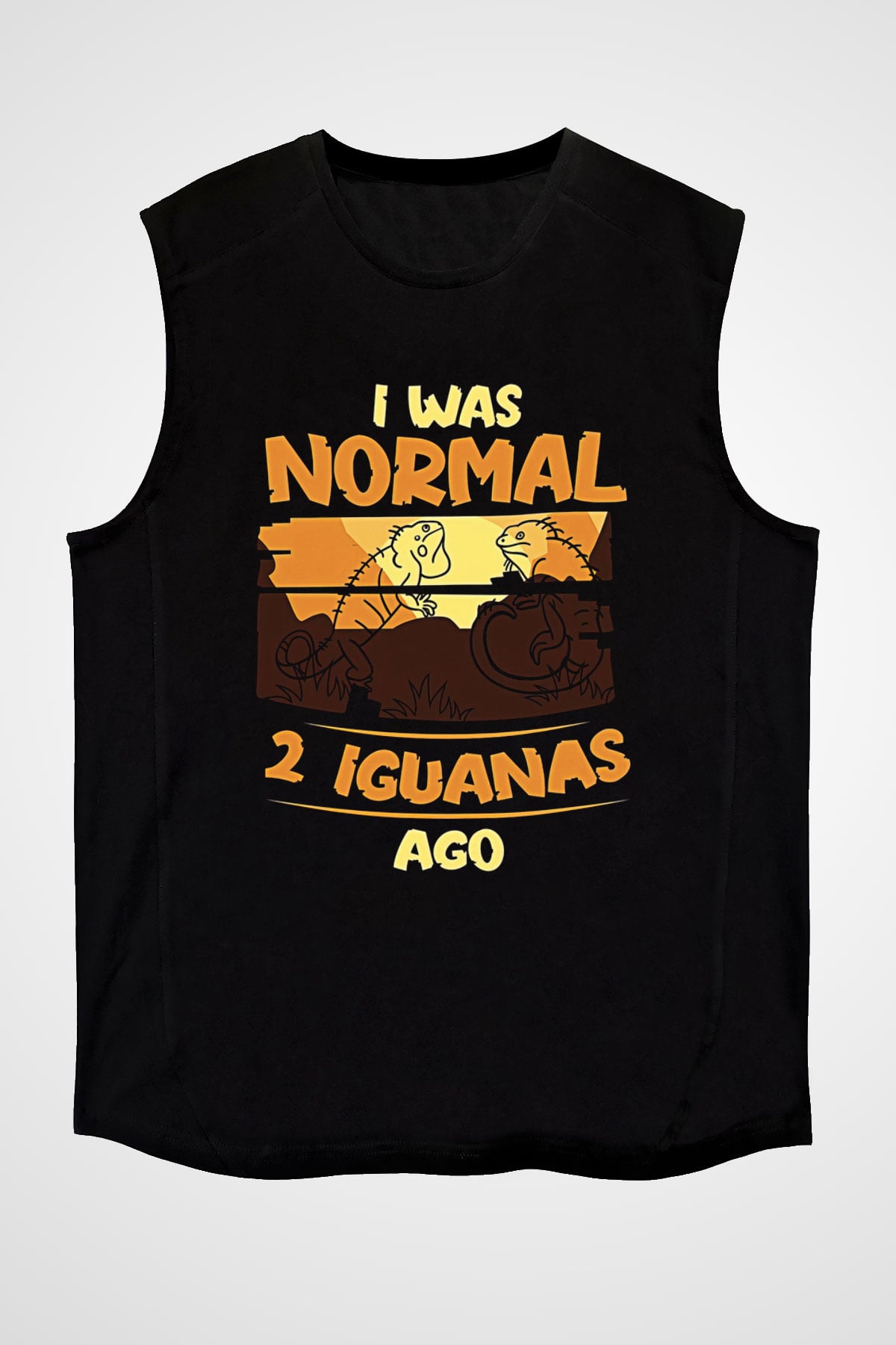 İguana Baskılı Unisex Siyah Kolsuz Tişört - Tshirt