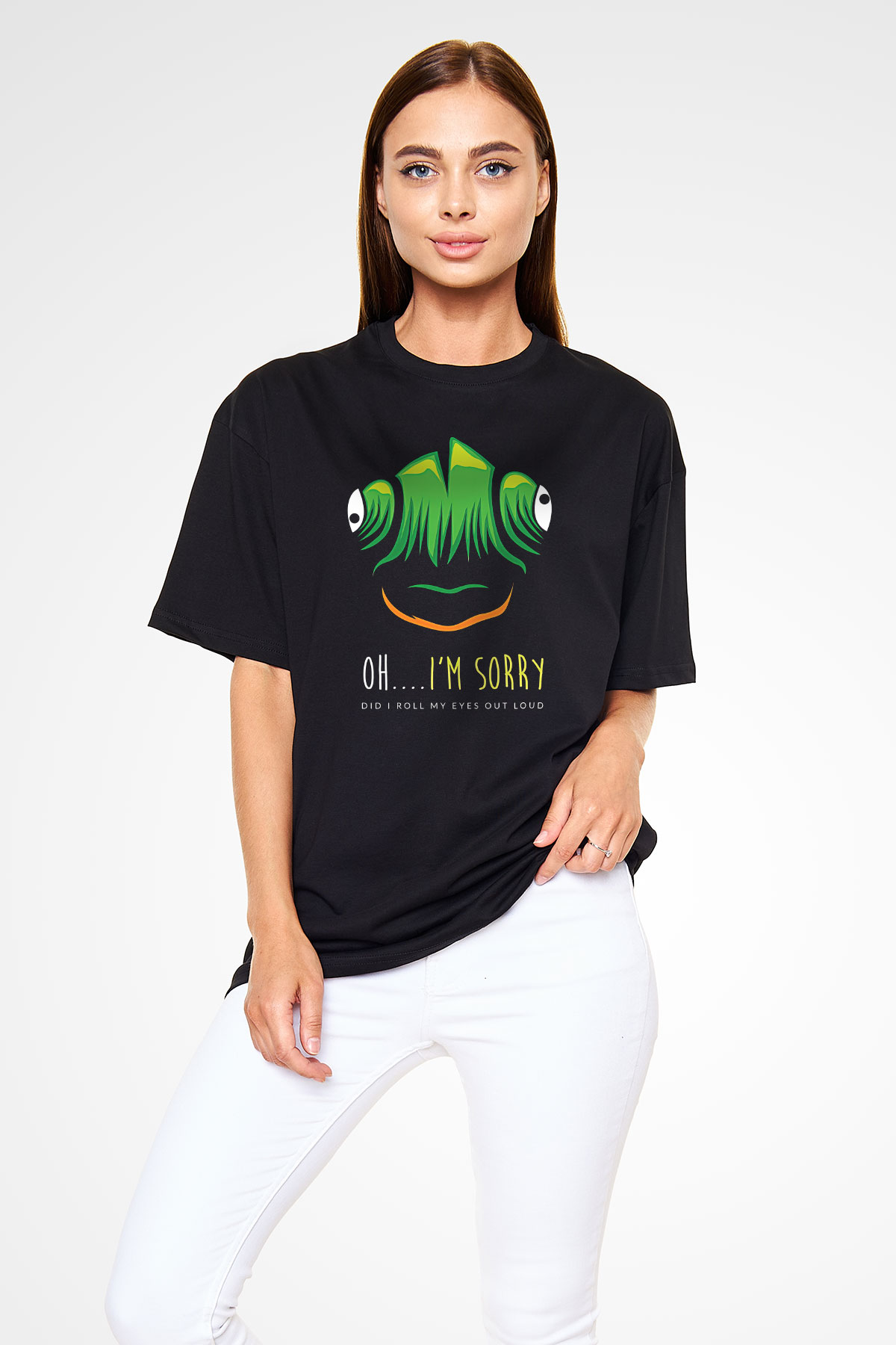 İguana Baskılı Unisex Siyah Oversize Tişört - Tshirt