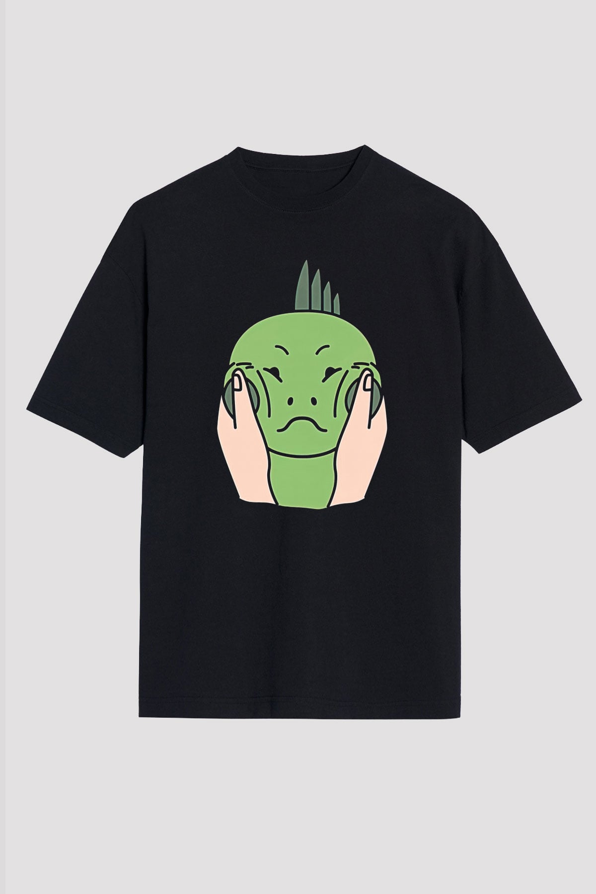 İguana Baskılı Unisex Siyah Oversize Tişört - Tshirt