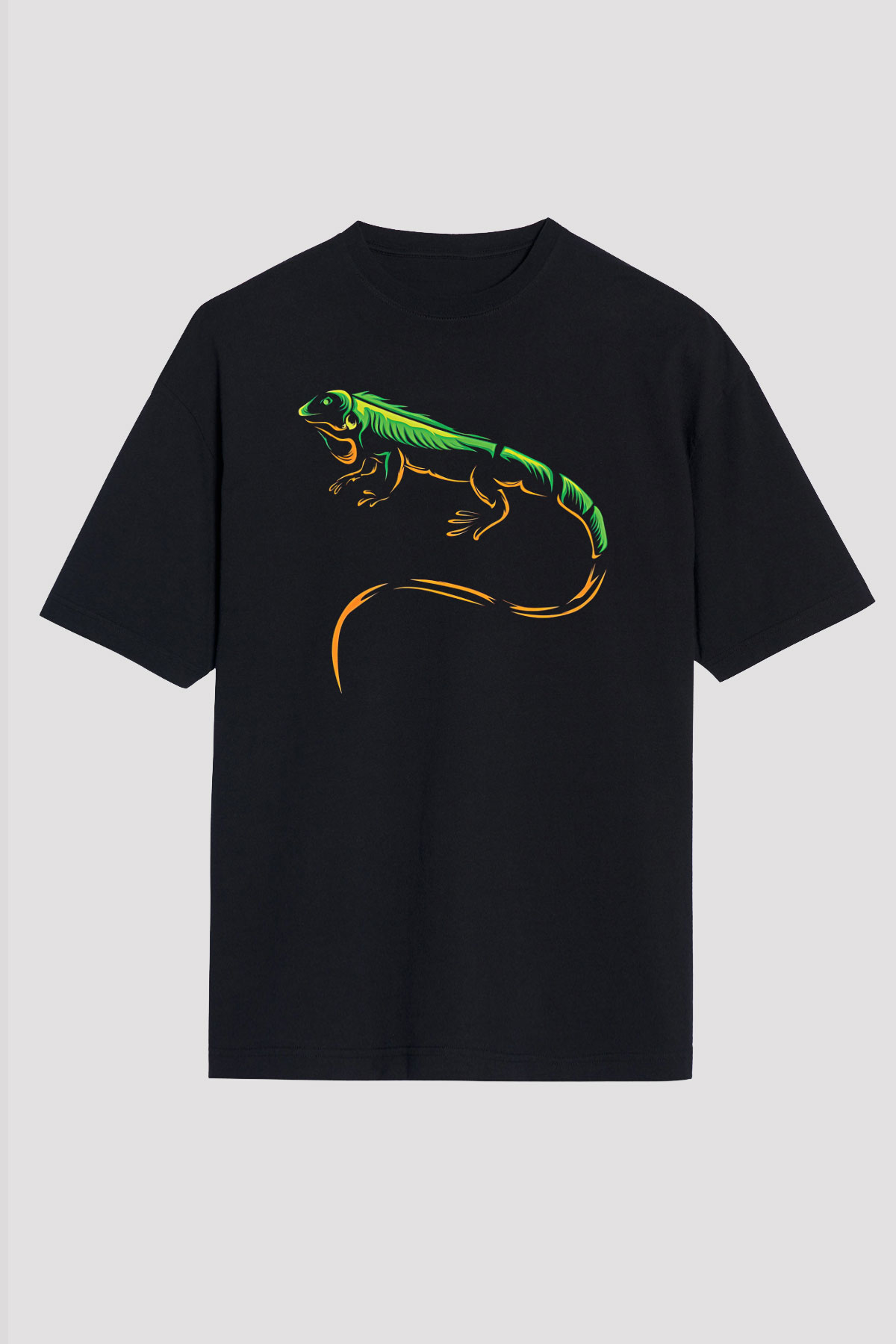 İguana Baskılı Unisex Siyah Oversize Tişört - Tshirt