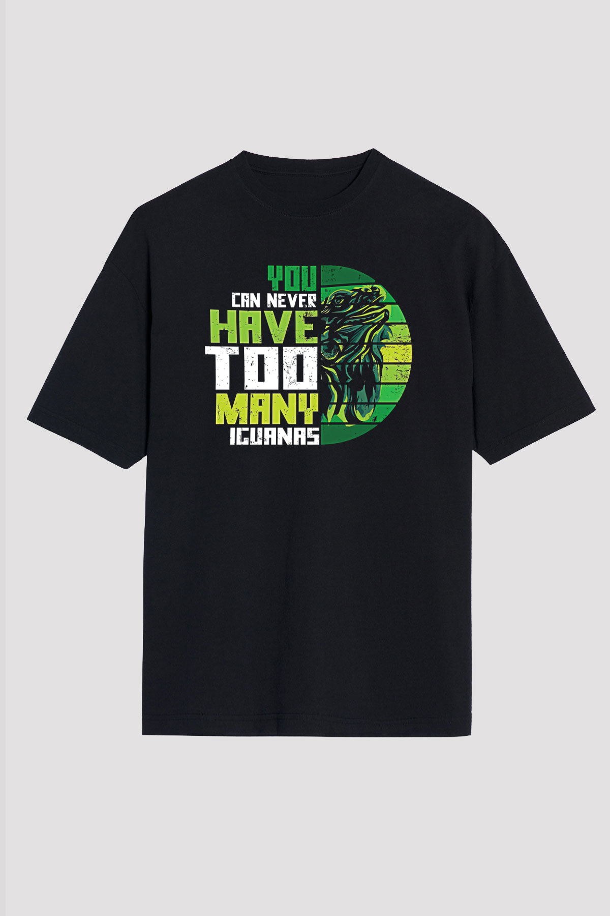 İguana Baskılı Unisex Siyah Oversize Tişört - Tshirt