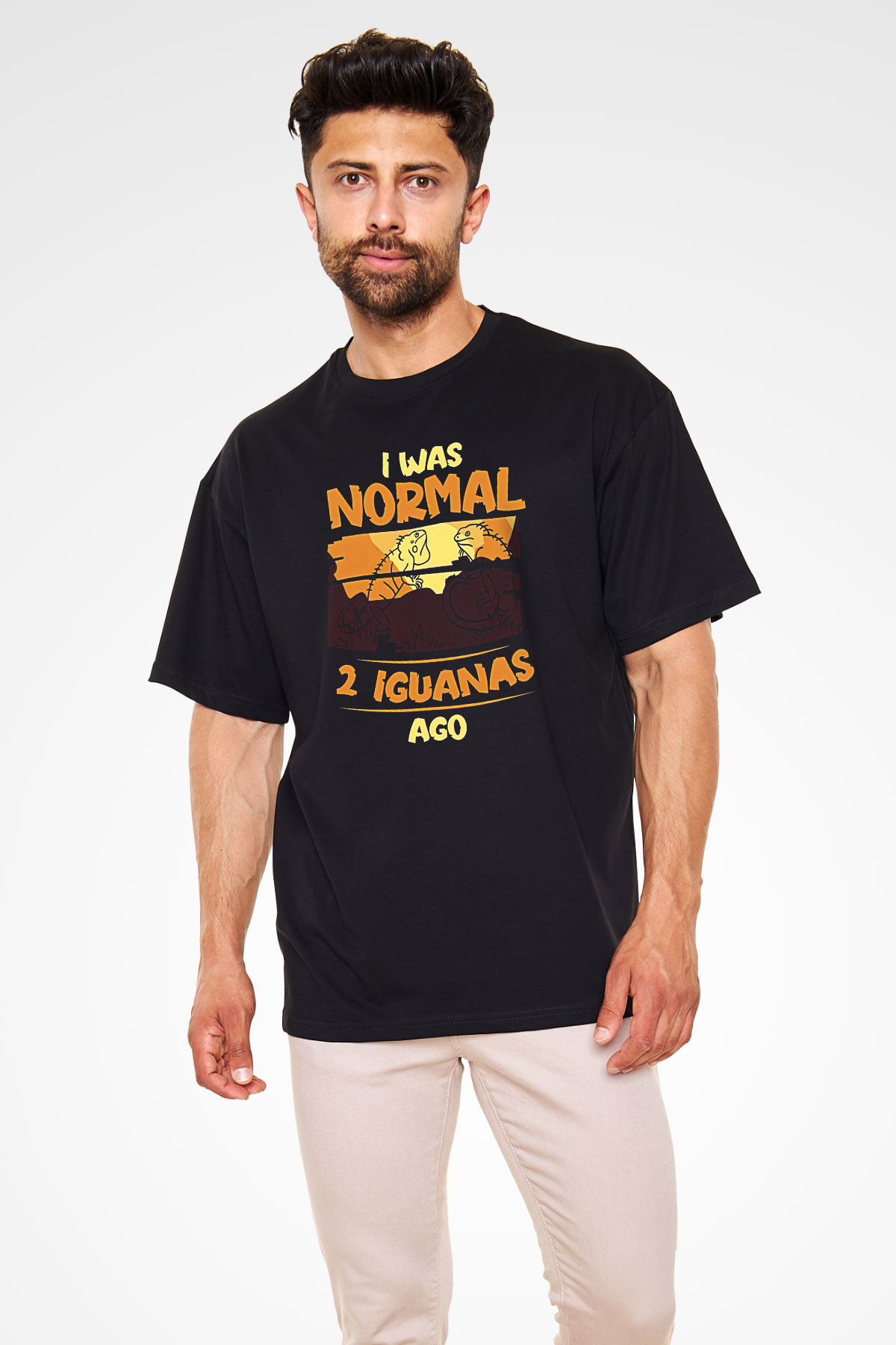 İguana Baskılı Unisex Siyah Oversize Tişört - Tshirt