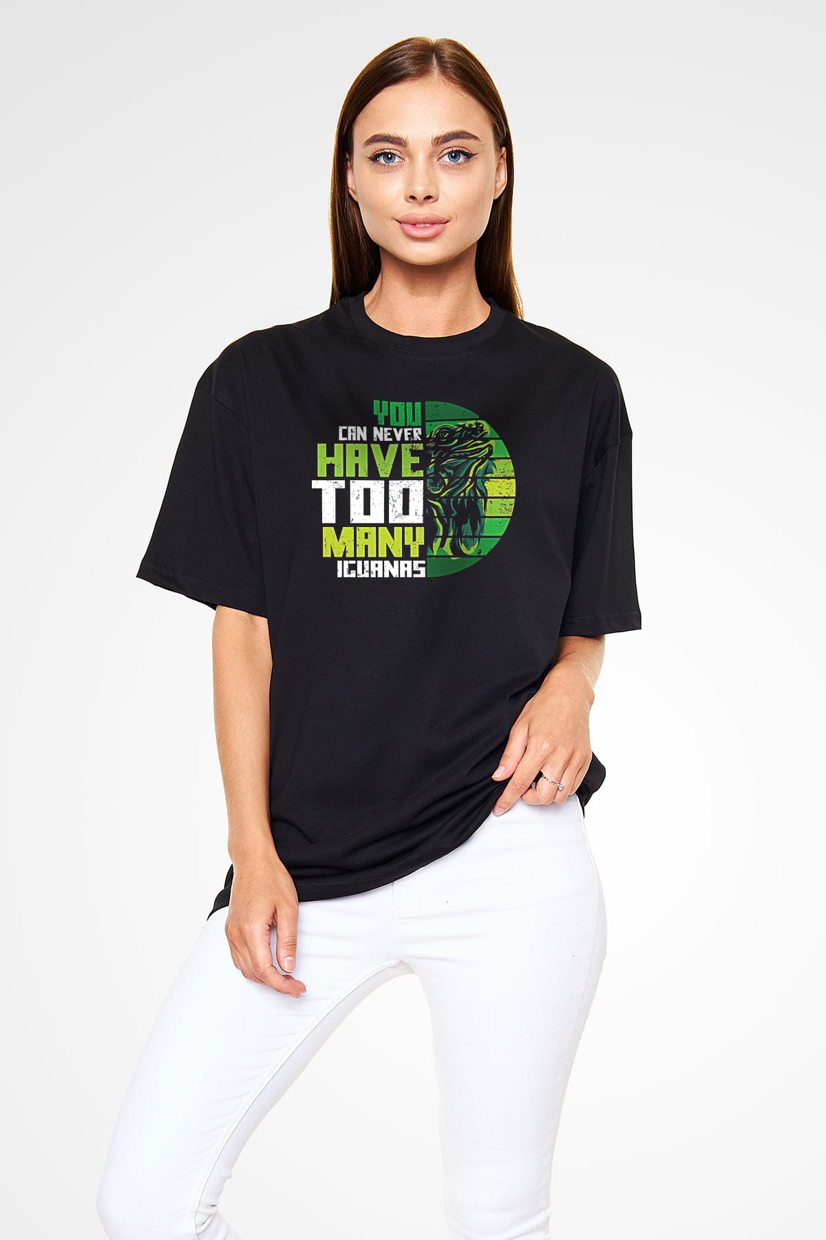 İguana Baskılı Unisex Siyah Oversize Tişört - Tshirt
