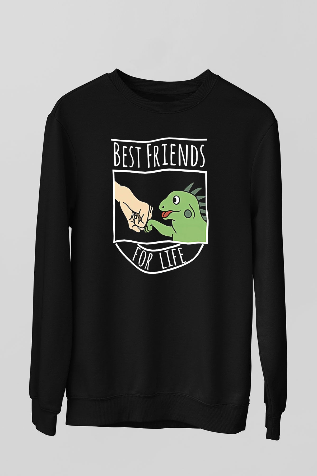 İguana Baskılı Unisex Siyah Sweatshirt