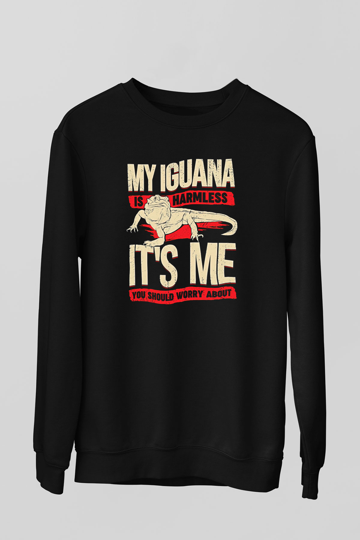 İguana Baskılı Unisex Siyah Sweatshirt