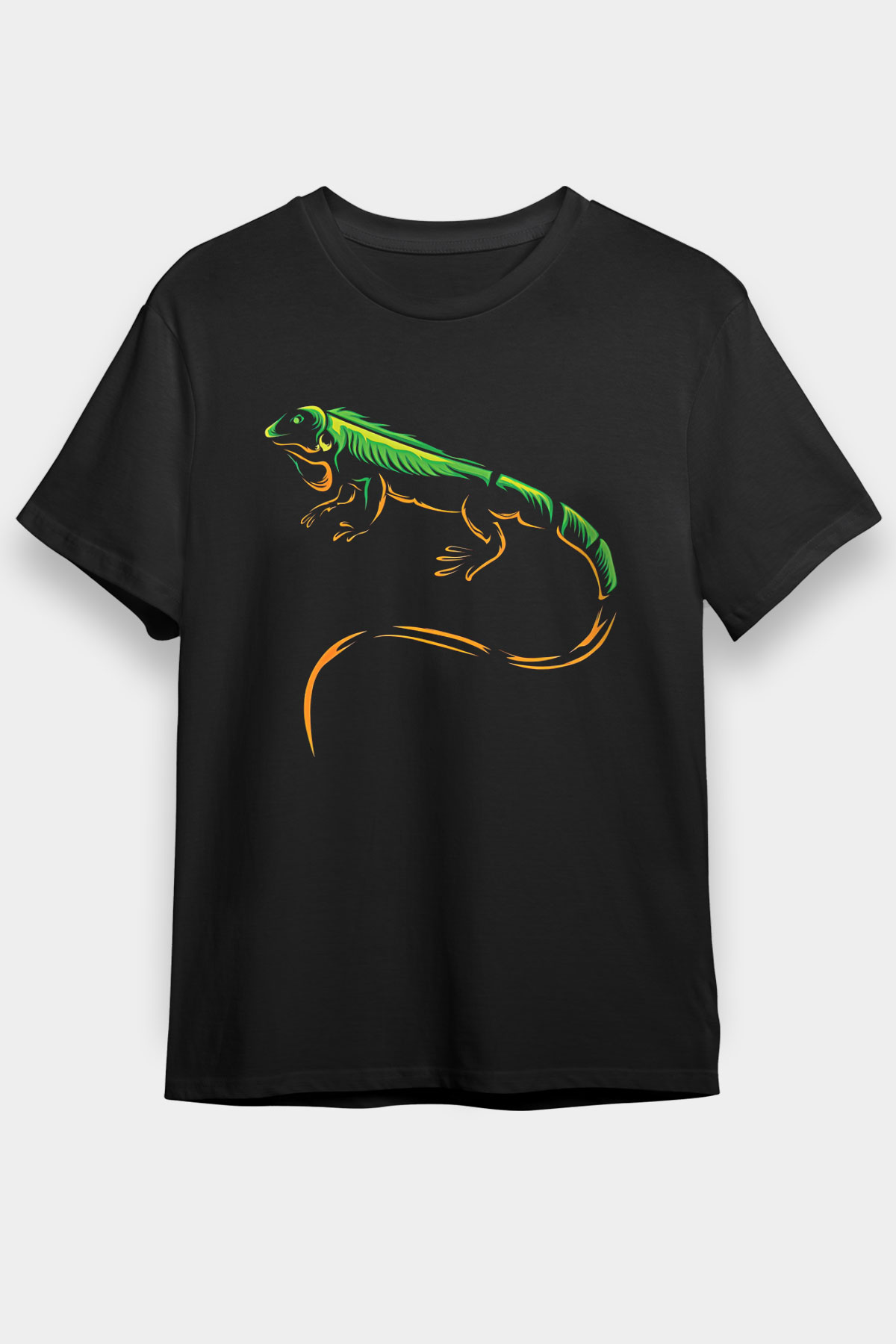 İguana Baskılı Unisex Siyah Tişört - Tshirt