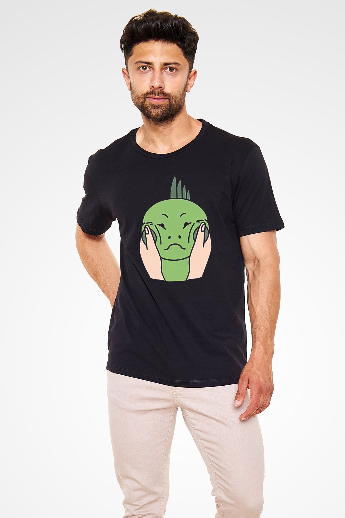 İguana Baskılı Unisex Siyah Tişört - Tshirt