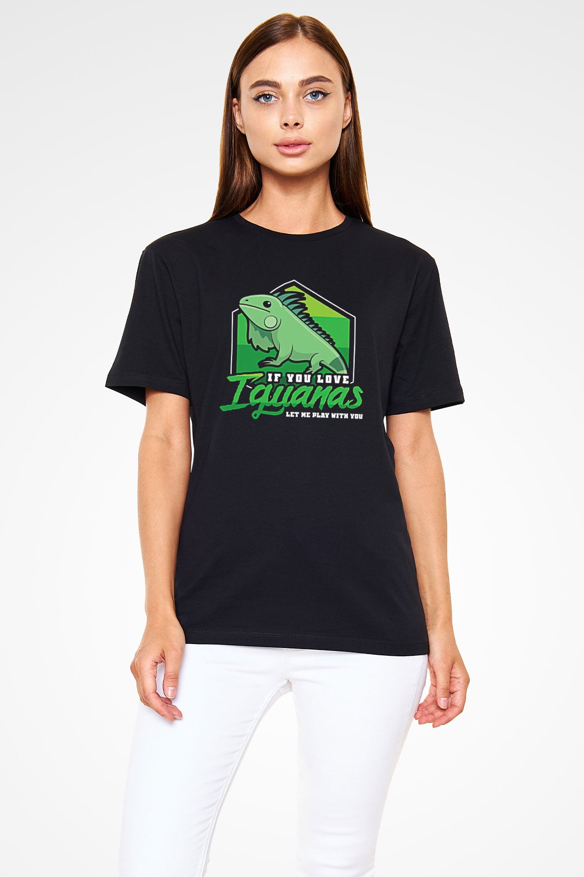 İguana Baskılı Unisex Siyah Tişört - Tshirt