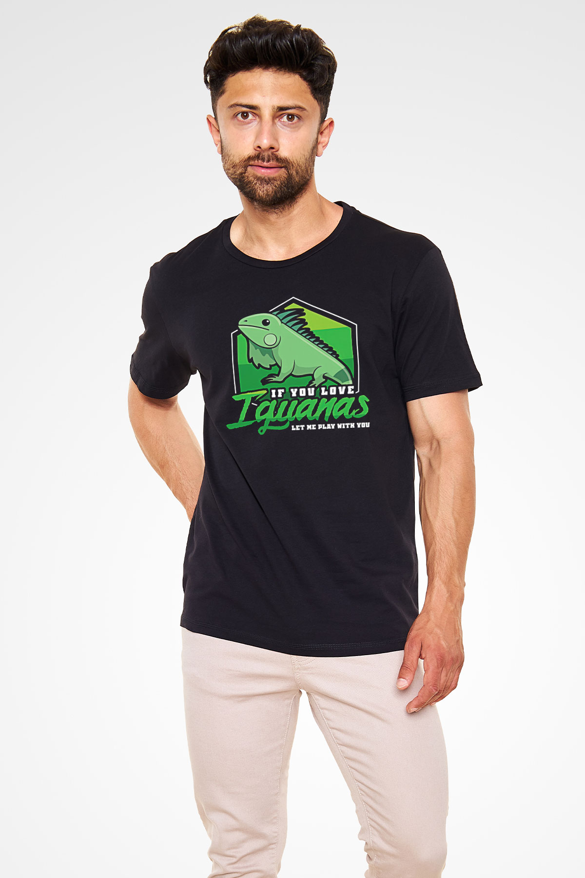 İguana Baskılı Unisex Siyah Tişört - Tshirt