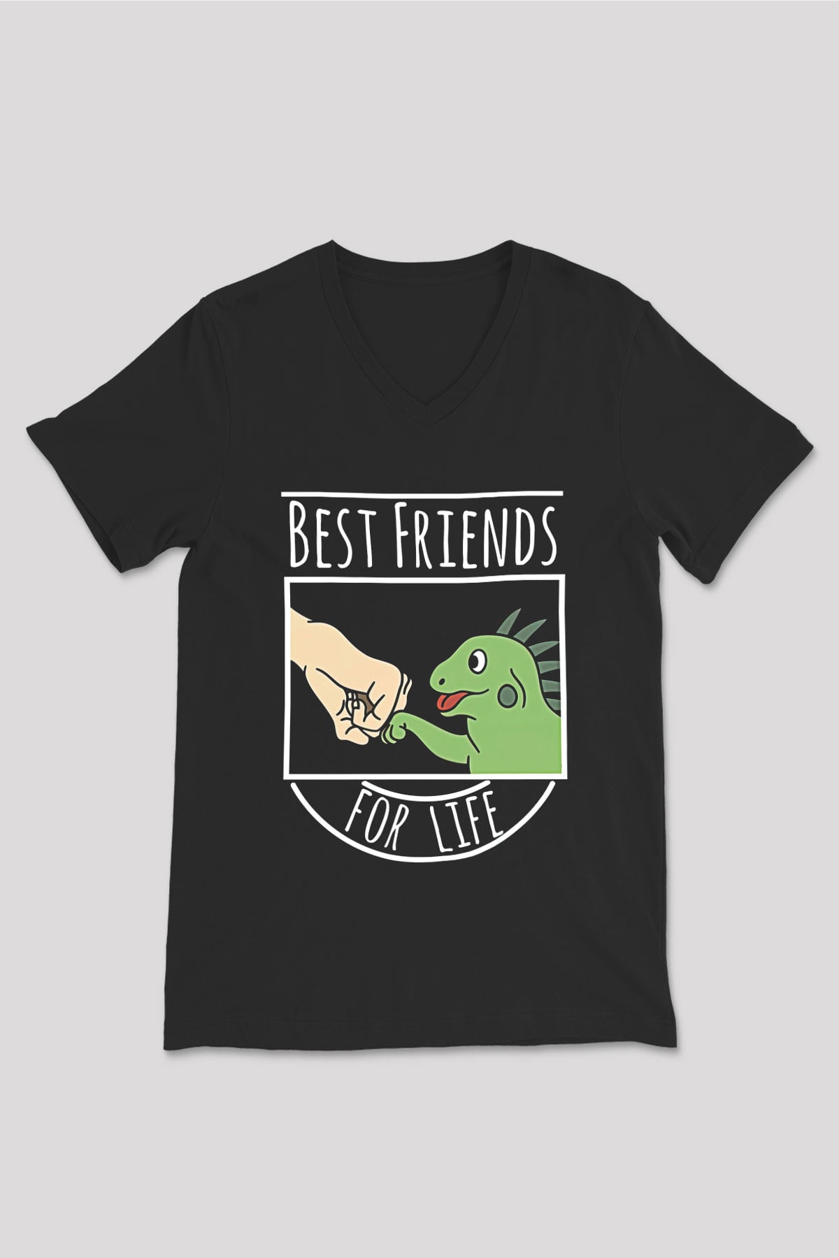 İguana Baskılı Unisex Siyah V Yaka Tişört - Tshirt